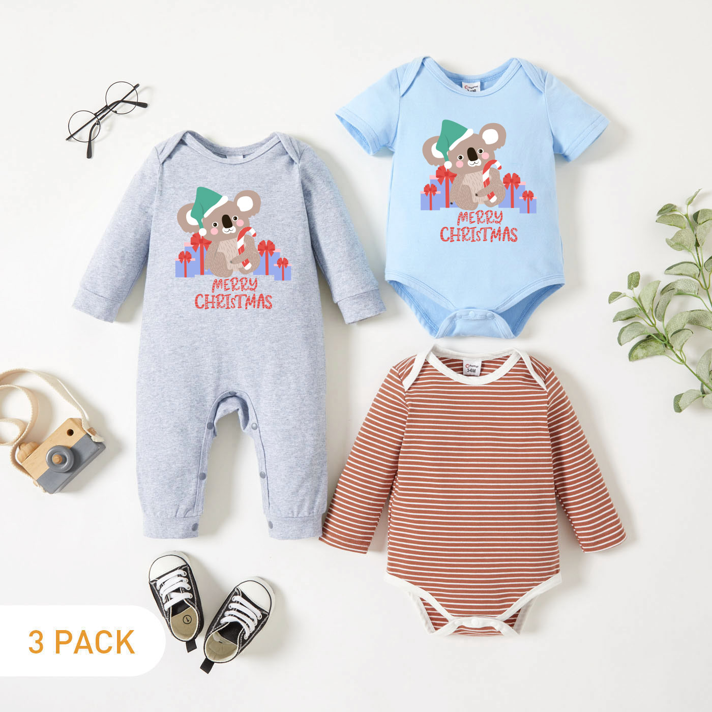 

Christmas 3-Pack Baby Graphic Koala and Gift and Letter Print Striped Romper Jumpsuit Set