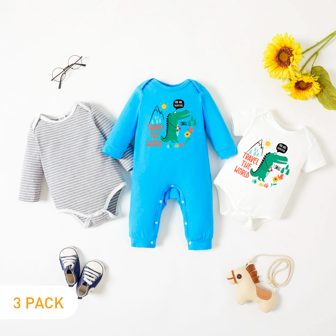 

3-Pack Baby Graphic & Striped Romper Jumpsuit Set