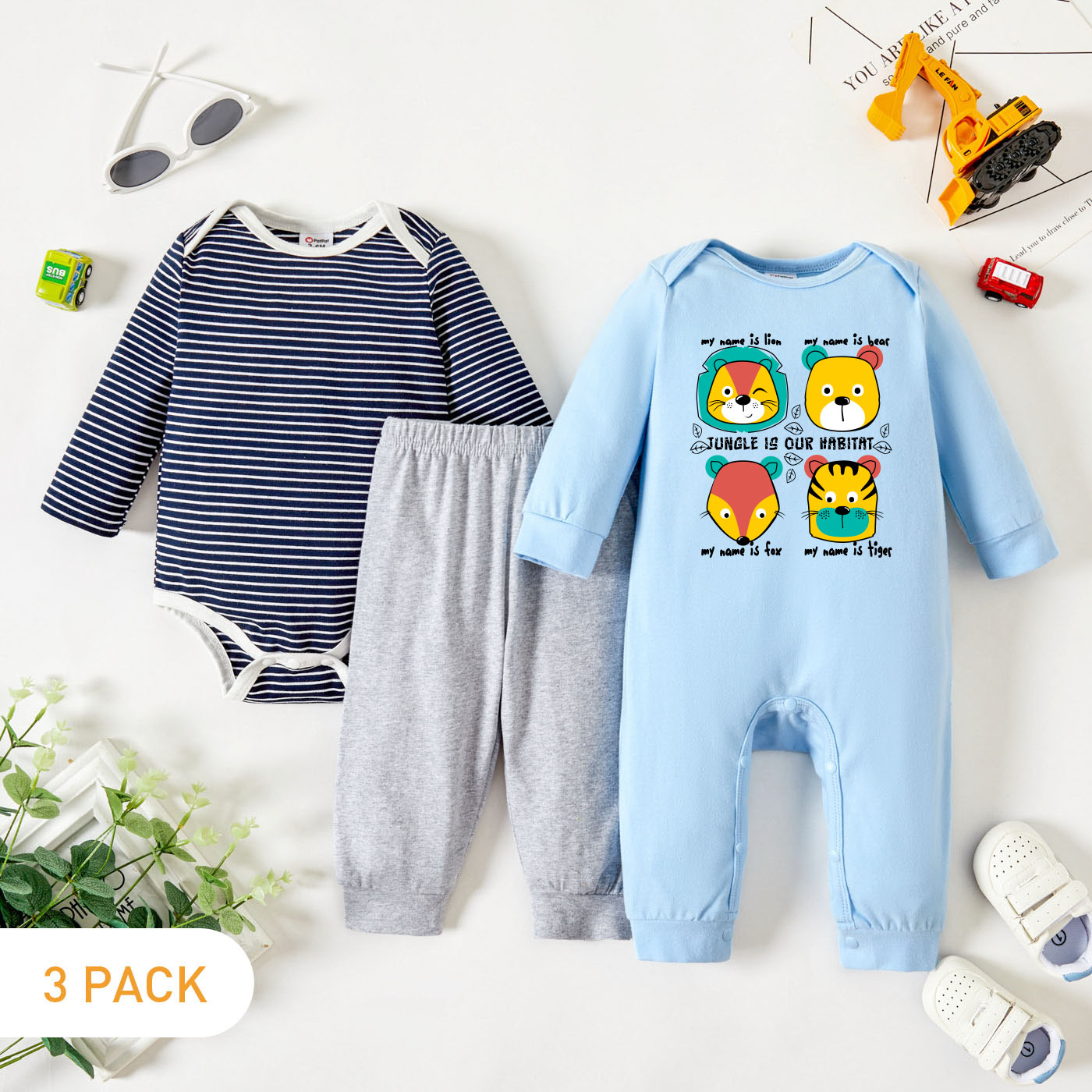 

3-Pack Baby Graphic & Striped Romper Jumpsuit Pants Set