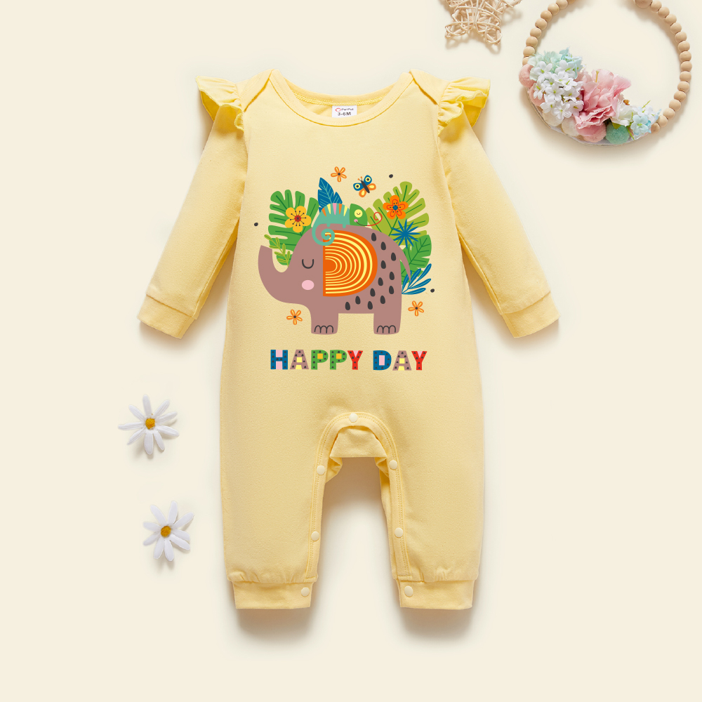

Baby Graphic Flutter-sleeve Beige Long-sleeve Jumpsuit