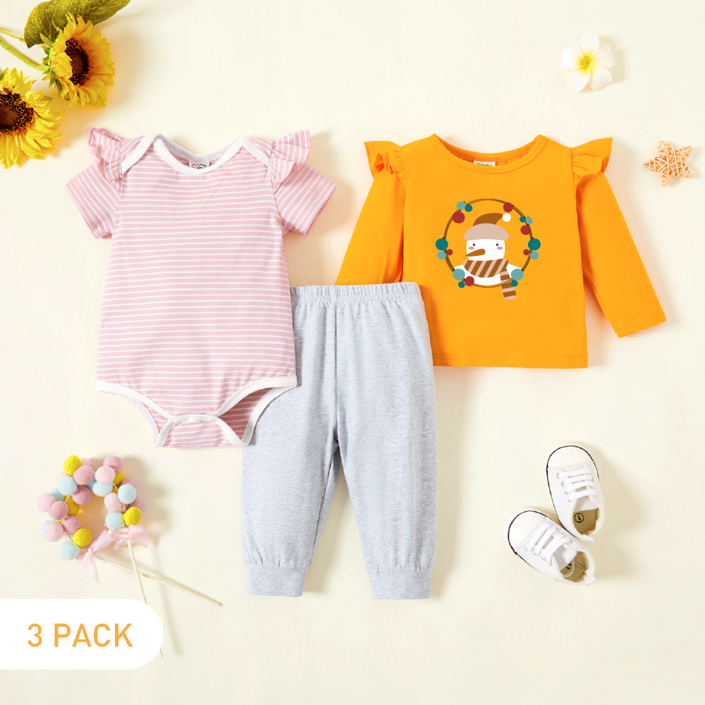 

3-Pack Baby Graphic & Striped Ruffled Romper Tee Pants Set