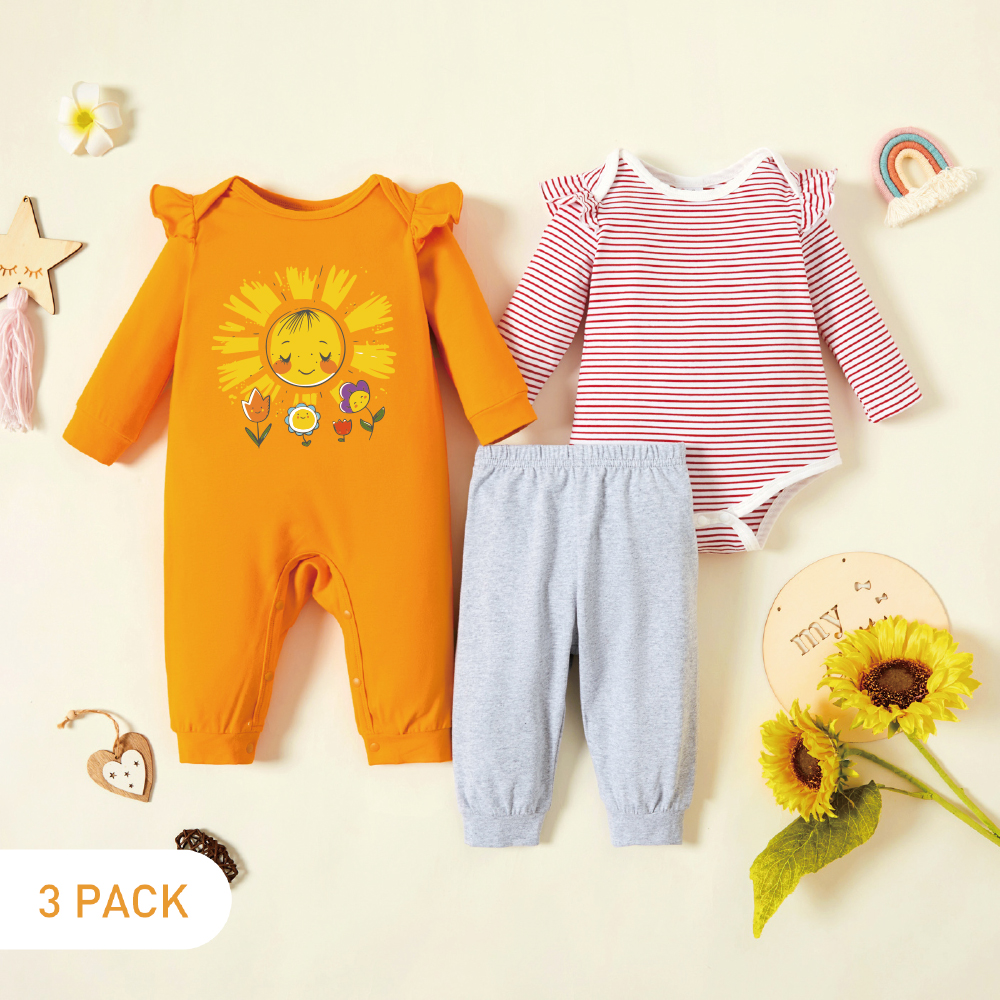 

3-Pack Baby Graphic & Striped Ruffled Romper Jumpsuit Pants Set