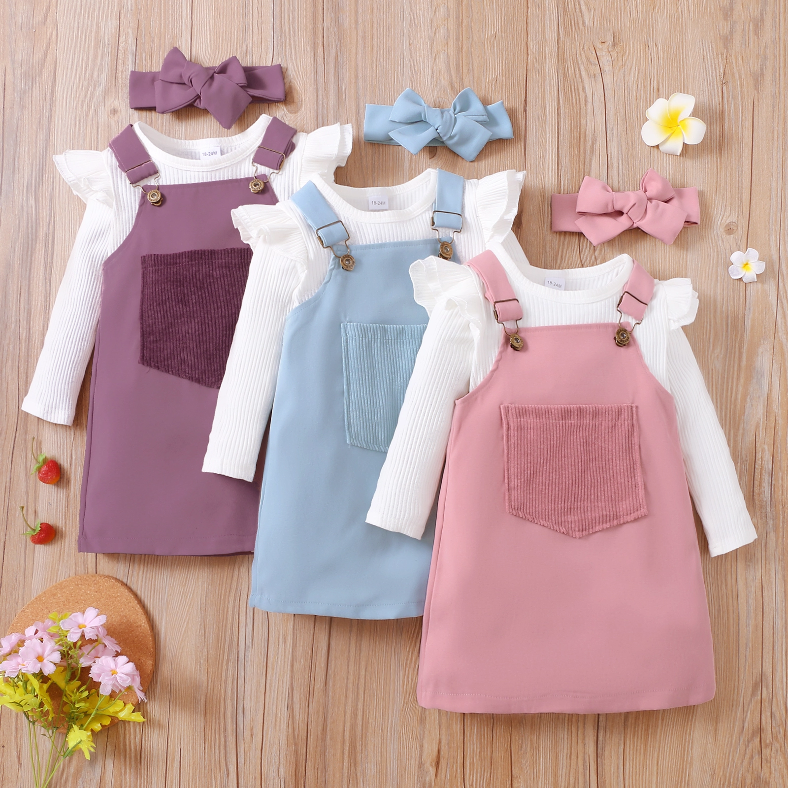 

2-piece Toddler Girl Long-sleeve White Tee and Button Design Overall Dress Set