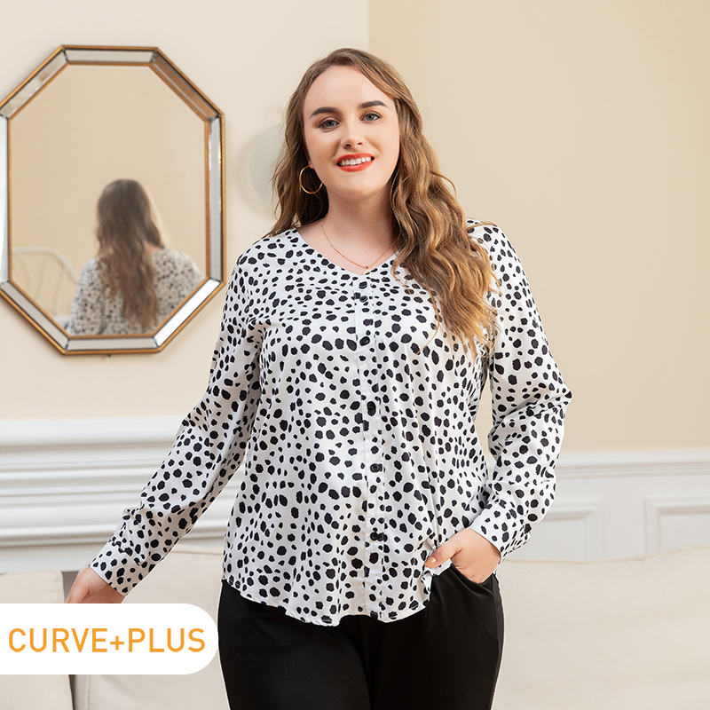 

Women Plus Size Elegant V Neck Allover Print Long-sleeve Blouse