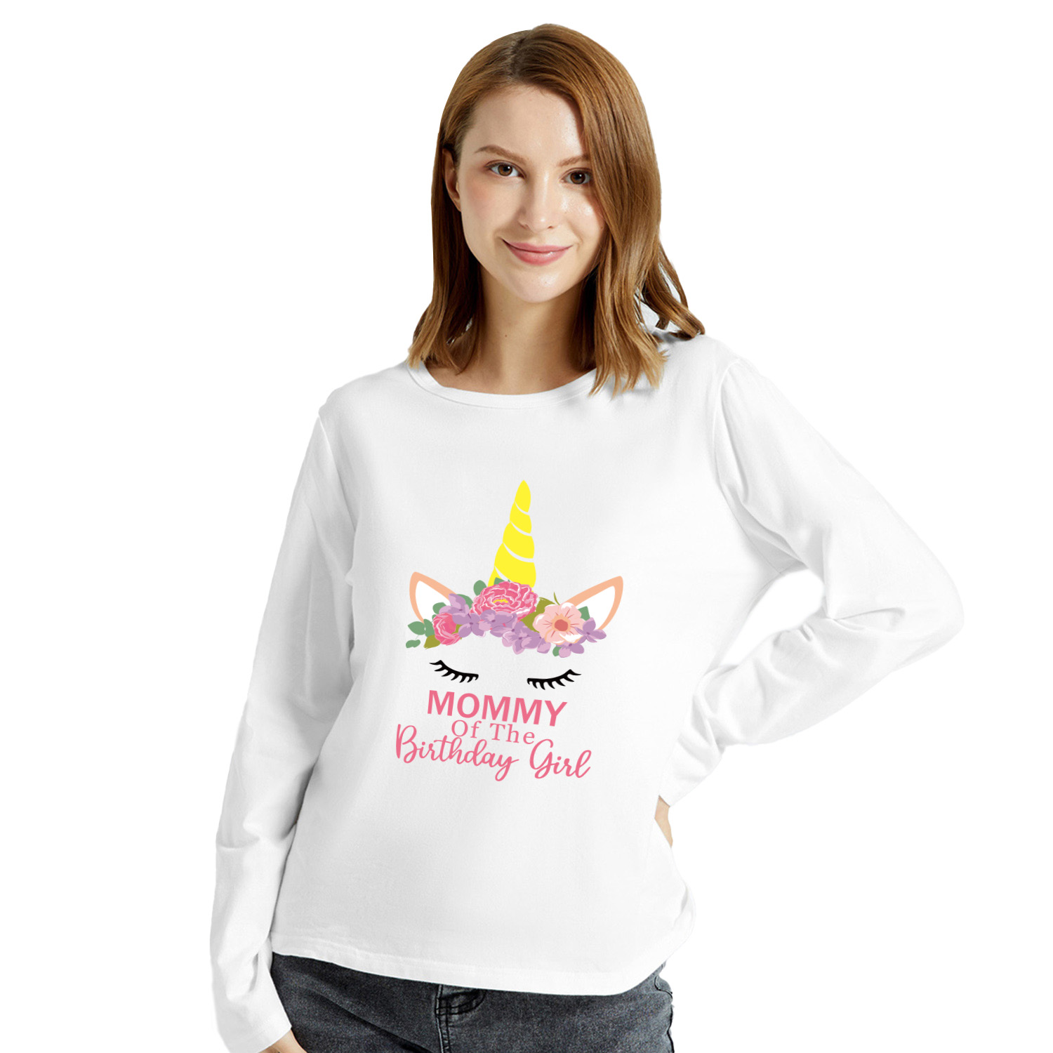 

Graphic White Long-sleeve Round-collar Tee for Women