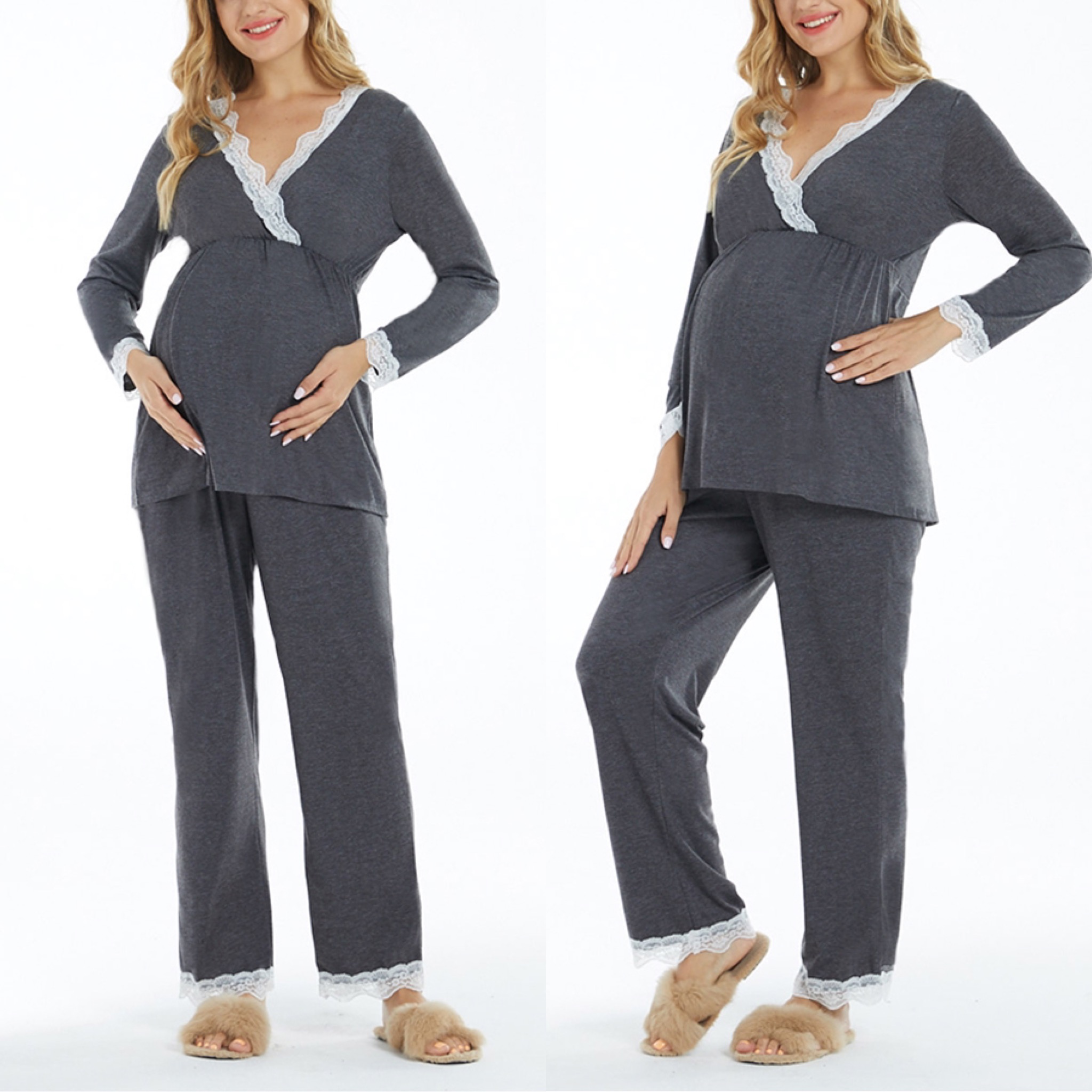 

Maternity Contrast Lace Solid Color Long-sleeve Pajamas