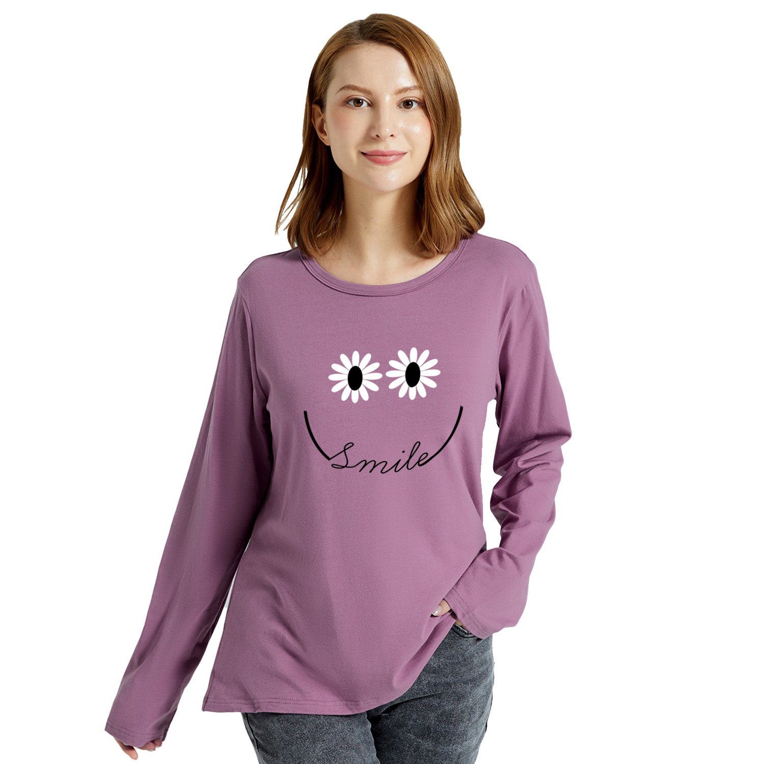 

Graphic Lavender Purple Long-sleeve Round-collar Tee for Women