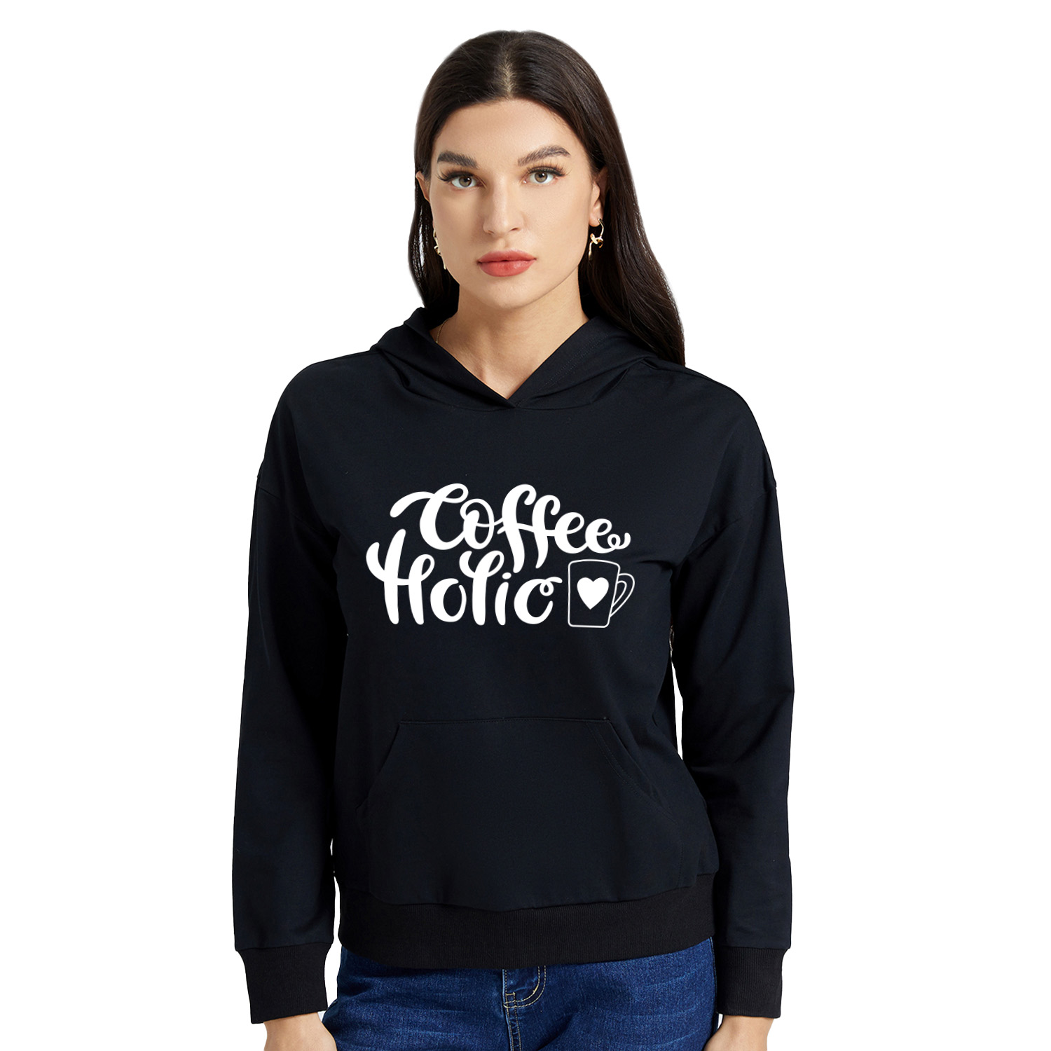 

Graphic Black Long-sleeve Hooded Pullover For Women