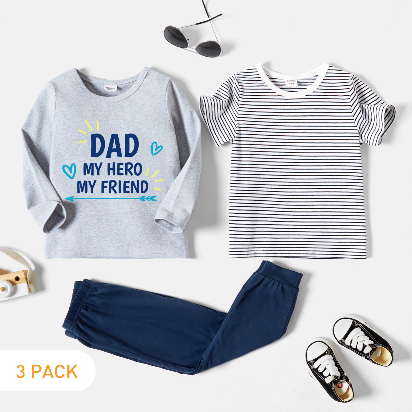 

3-Pack Toddler Graphics Heart-shaped and Letter Print Long-sleeve Tee & Striped Short-sleeve Tee & Pants Set