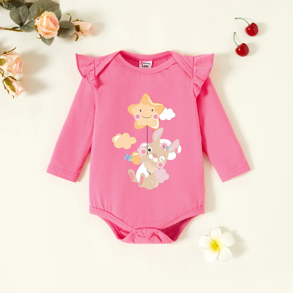 

Baby Graphic Flutter-sleeve Deep pink Long-sleeve Romper