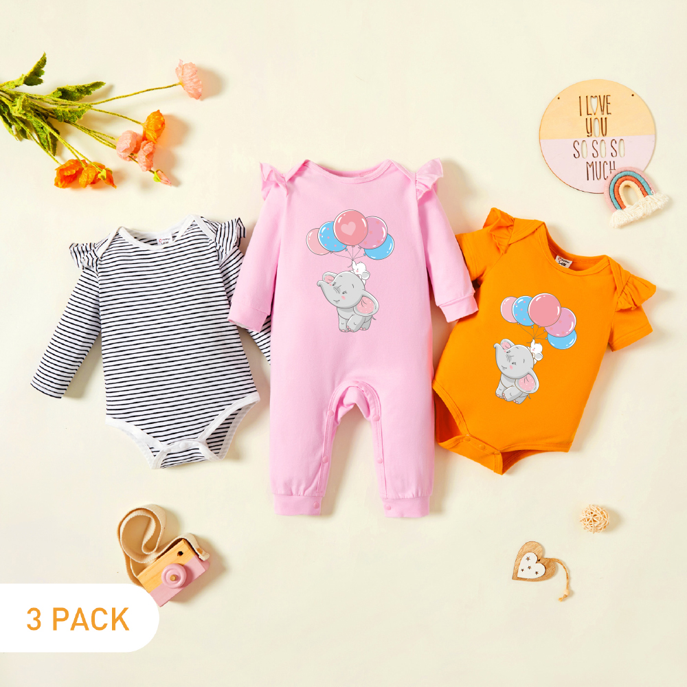 

3-Pack Baby Graphic & Striped Ruffled Romper Jumpsuit Set