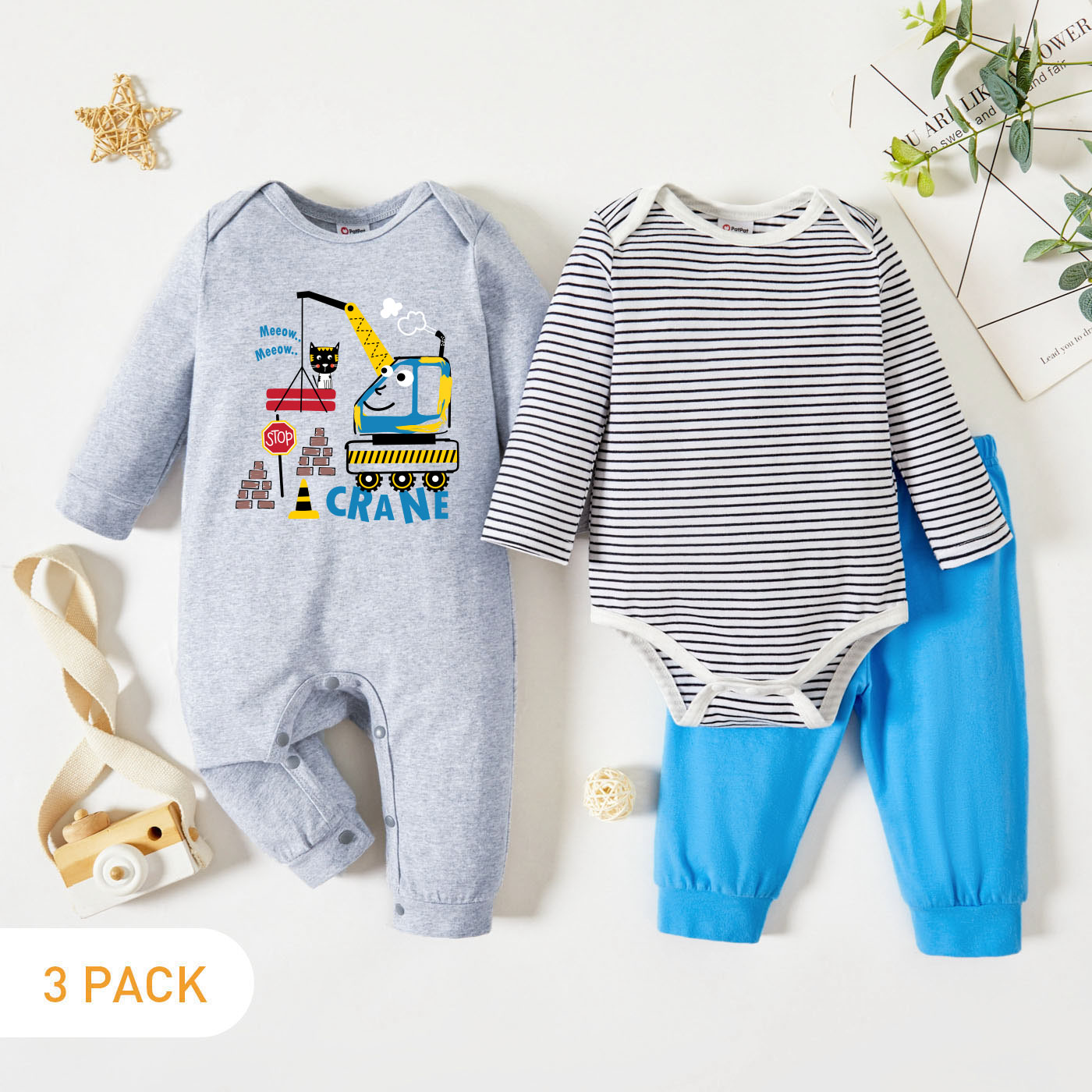 

3-Pack Baby Boy Graphic Crane and Letter Print Striped Long-sleeve Romper Jumpsuit Pants Set