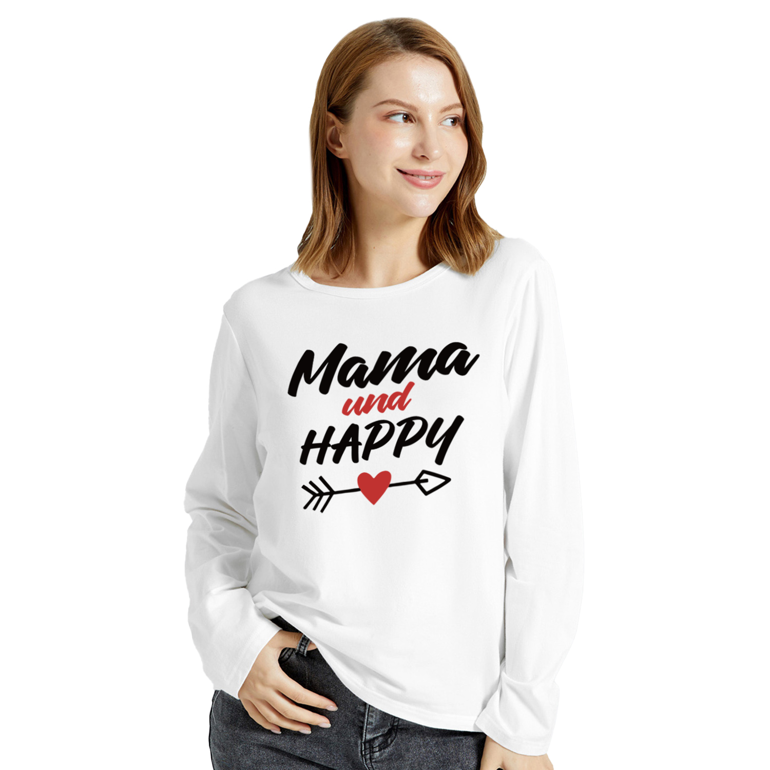 

Graphic White Long-sleeve Round-collar Tee for Women