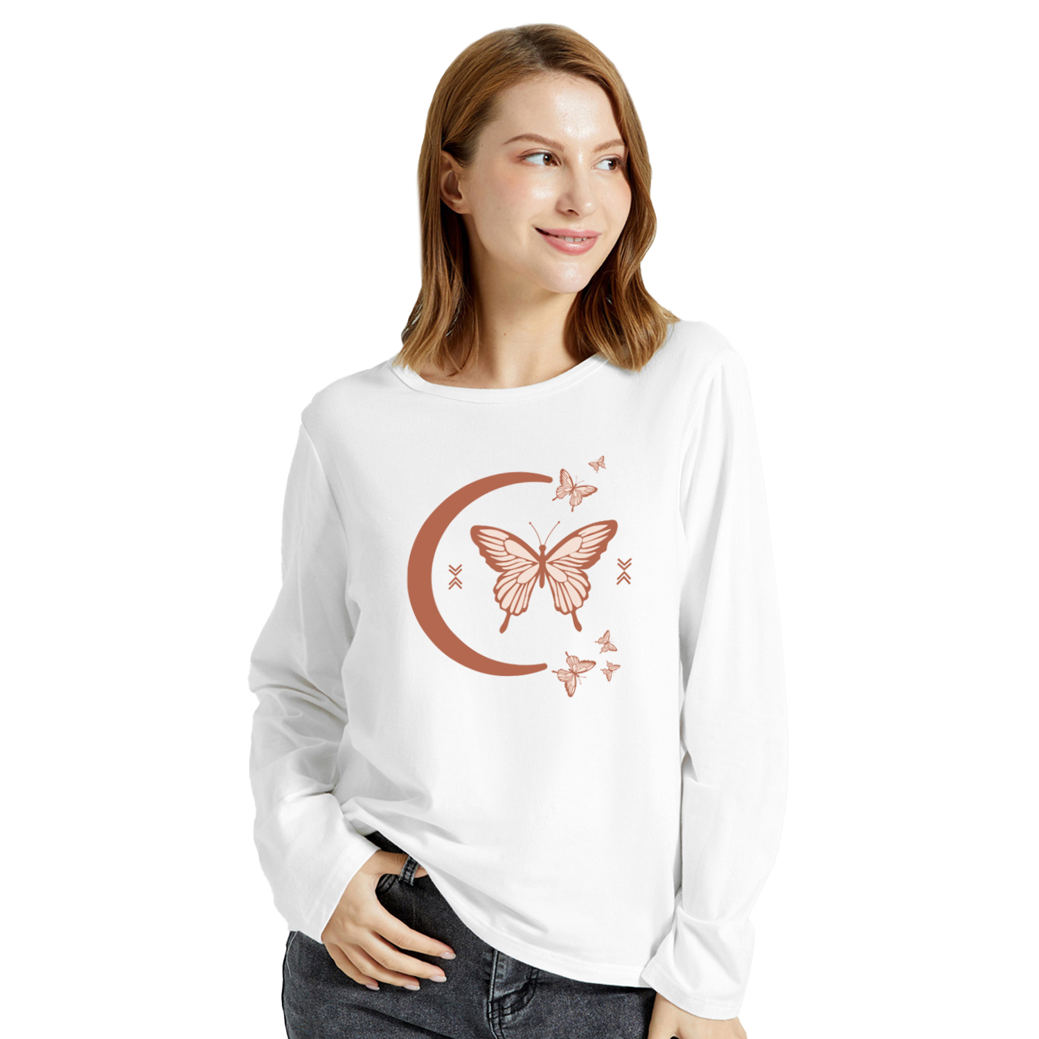 

Graphic White Long-sleeve Round-collar Tee for Women