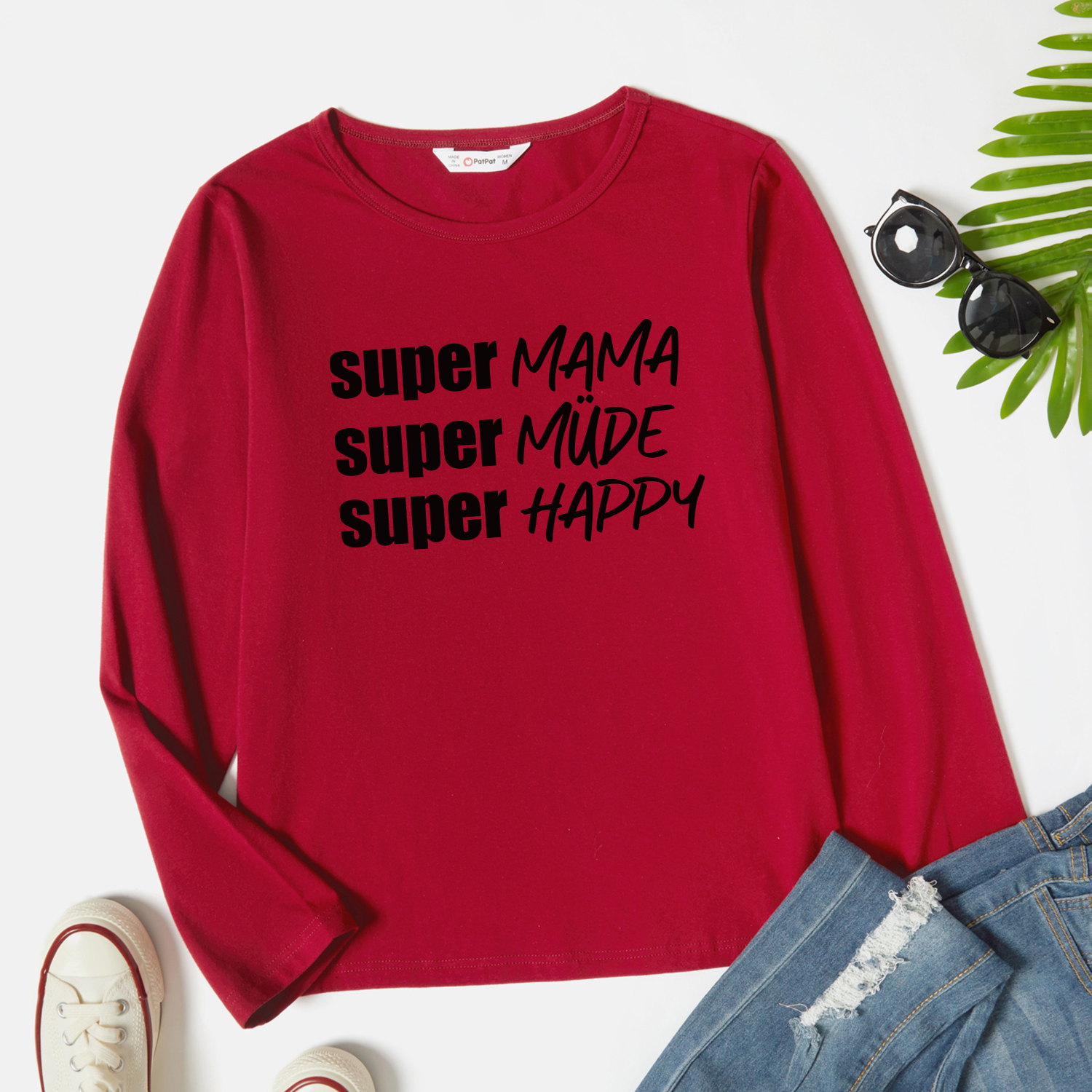 

Graphic Burgundy Long-sleeve Round-collar Tee for Women