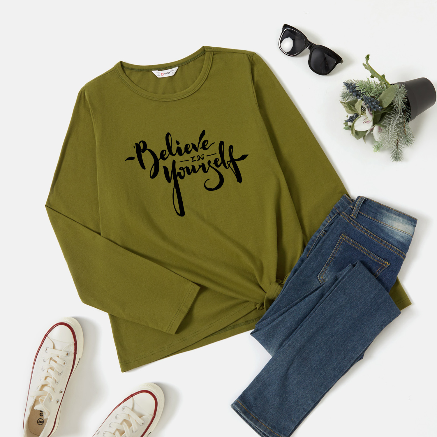 

Graphic Army green Long-sleeve Round-collar Tee for Women