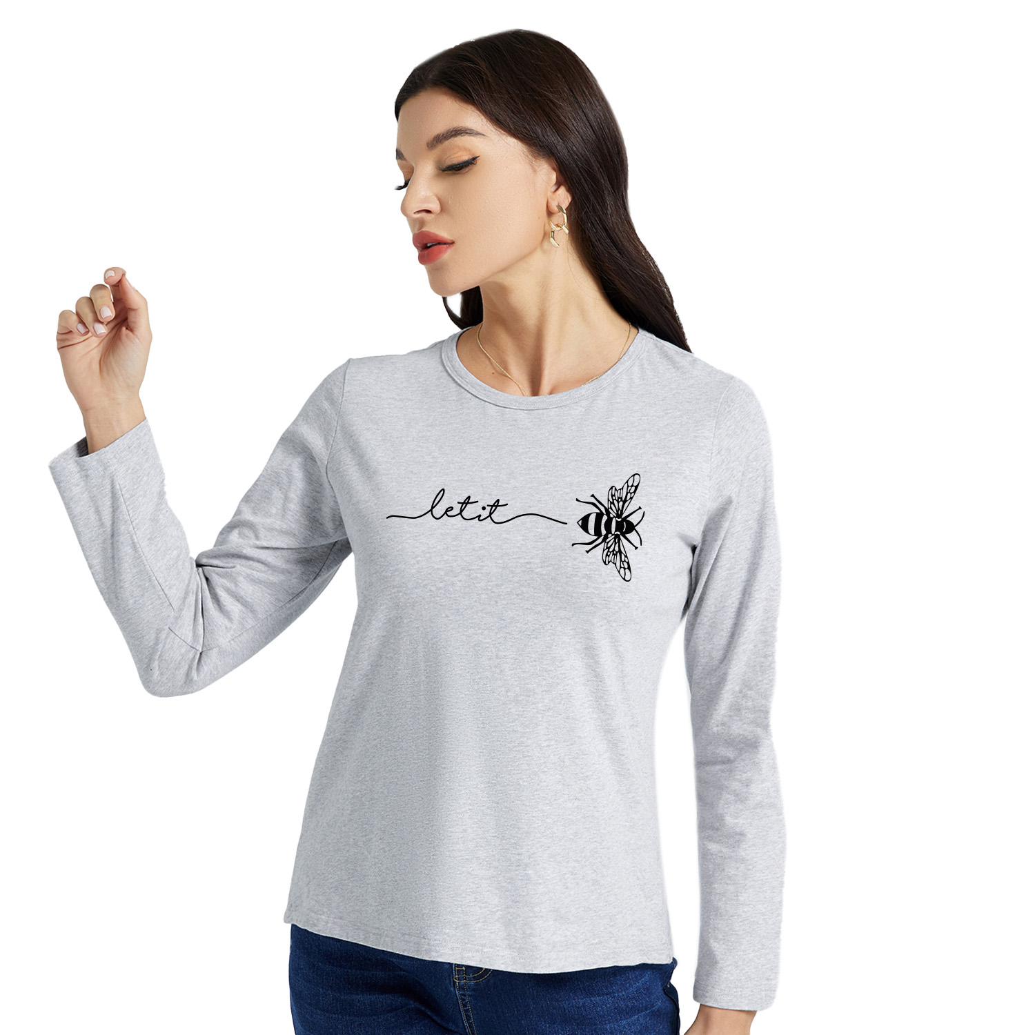 

Graphic Light gray Long-sleeve Round-collar Tee for Women