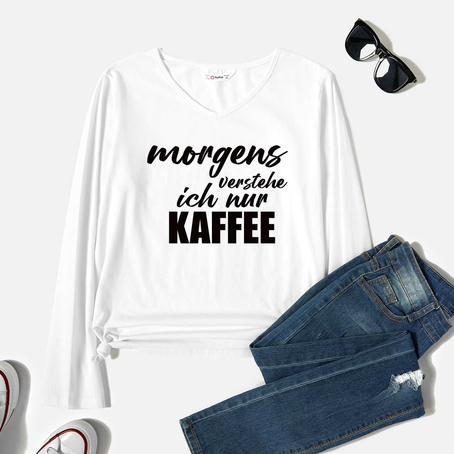 

Women Graphic Letter Print V Neck Long-sleeve Tee