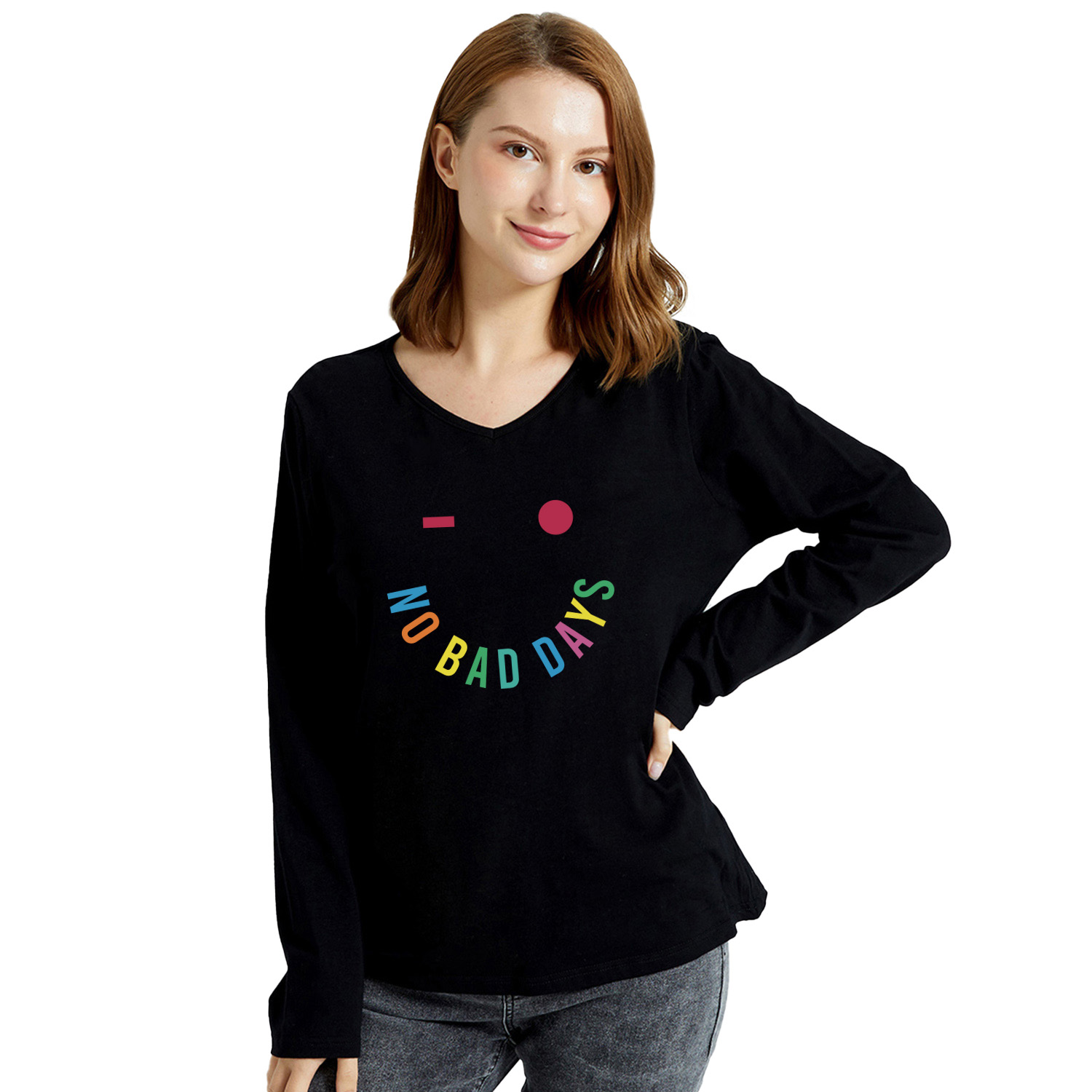 

Graphic Black Long-sleeve V Neck Tee for Women