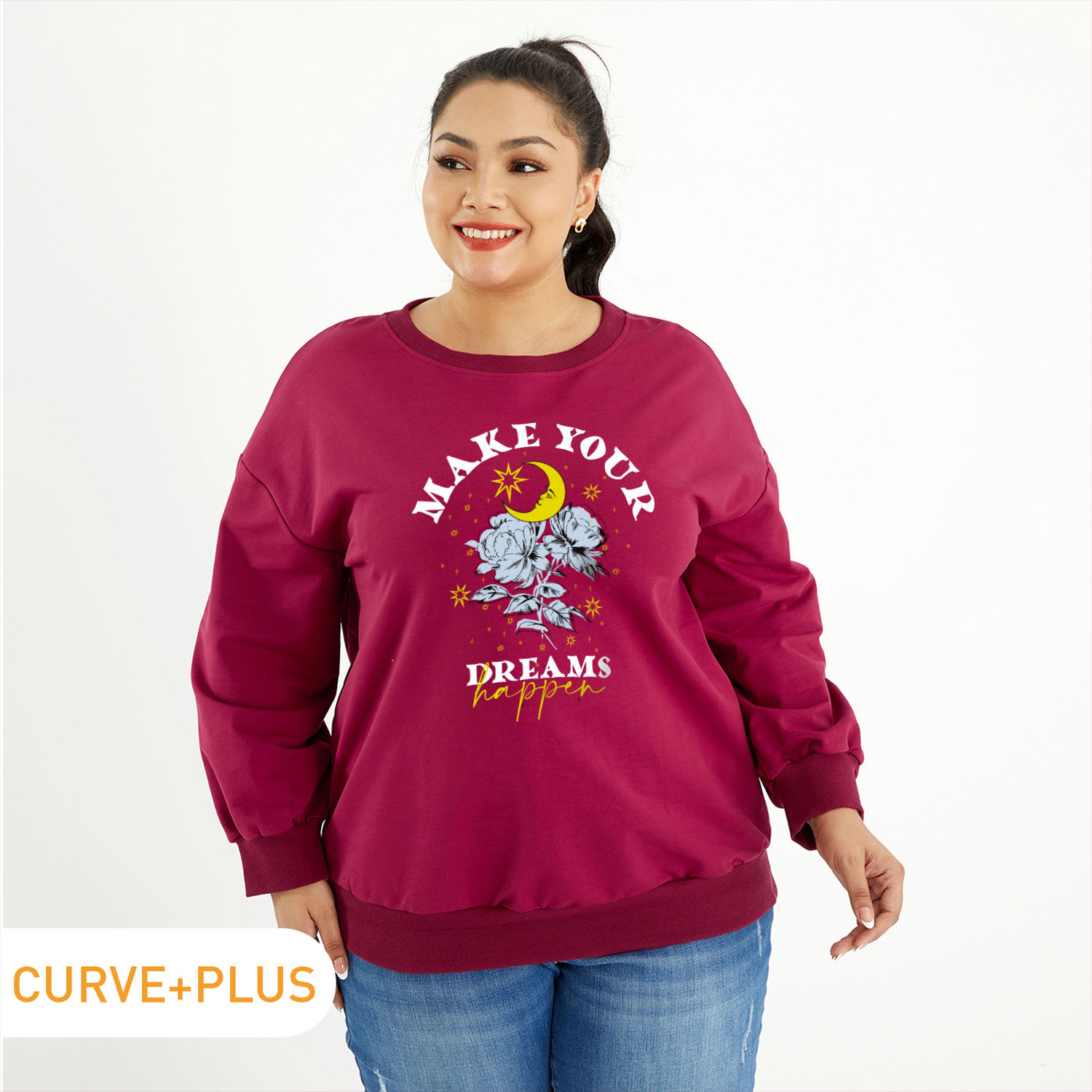 

Women Plus Size Graphic Rose and Stars and Letter Print Round Neck Long-sleeve Pullover
