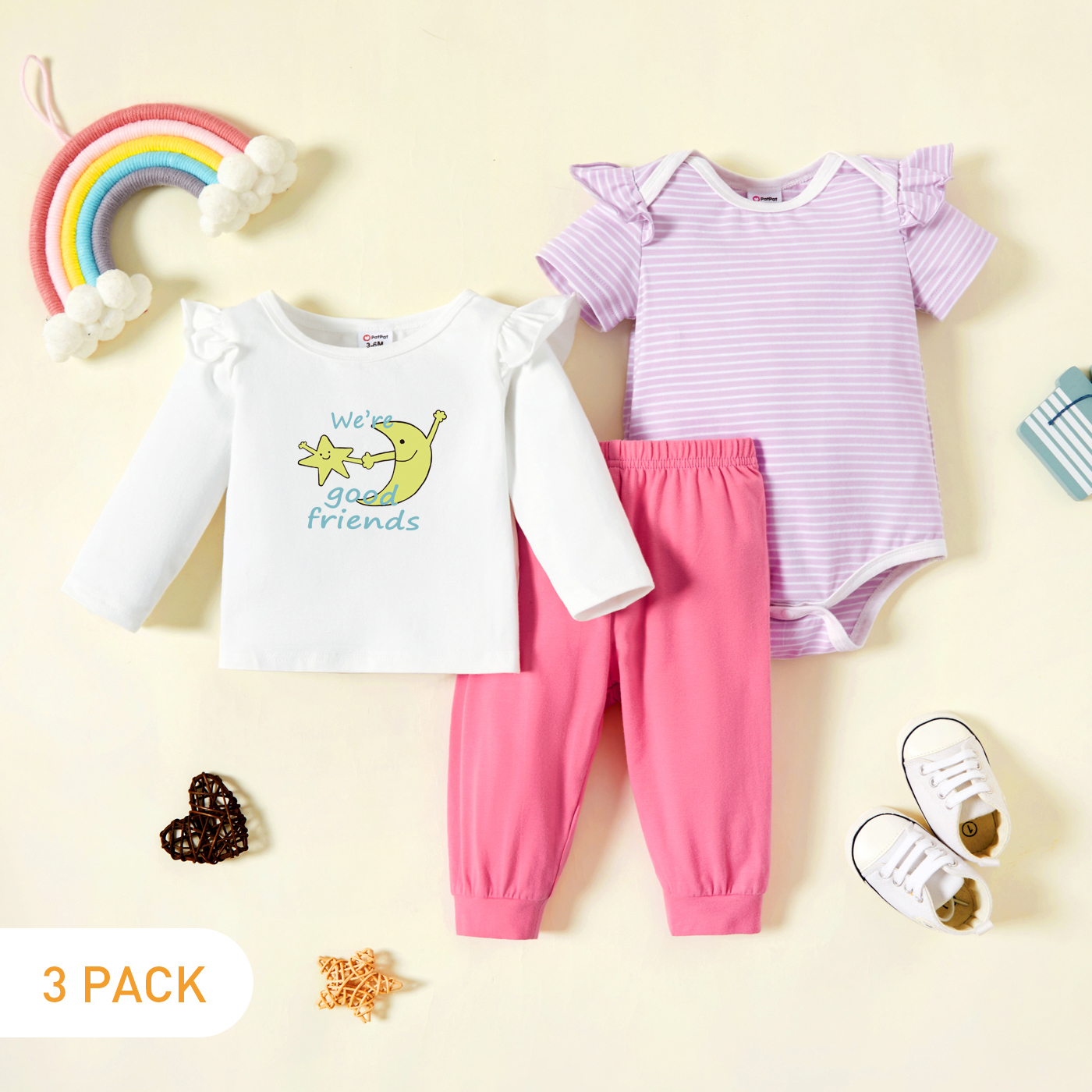 

3-Pack Baby Graphic & Striped Ruffled Romper Tee Pants Set