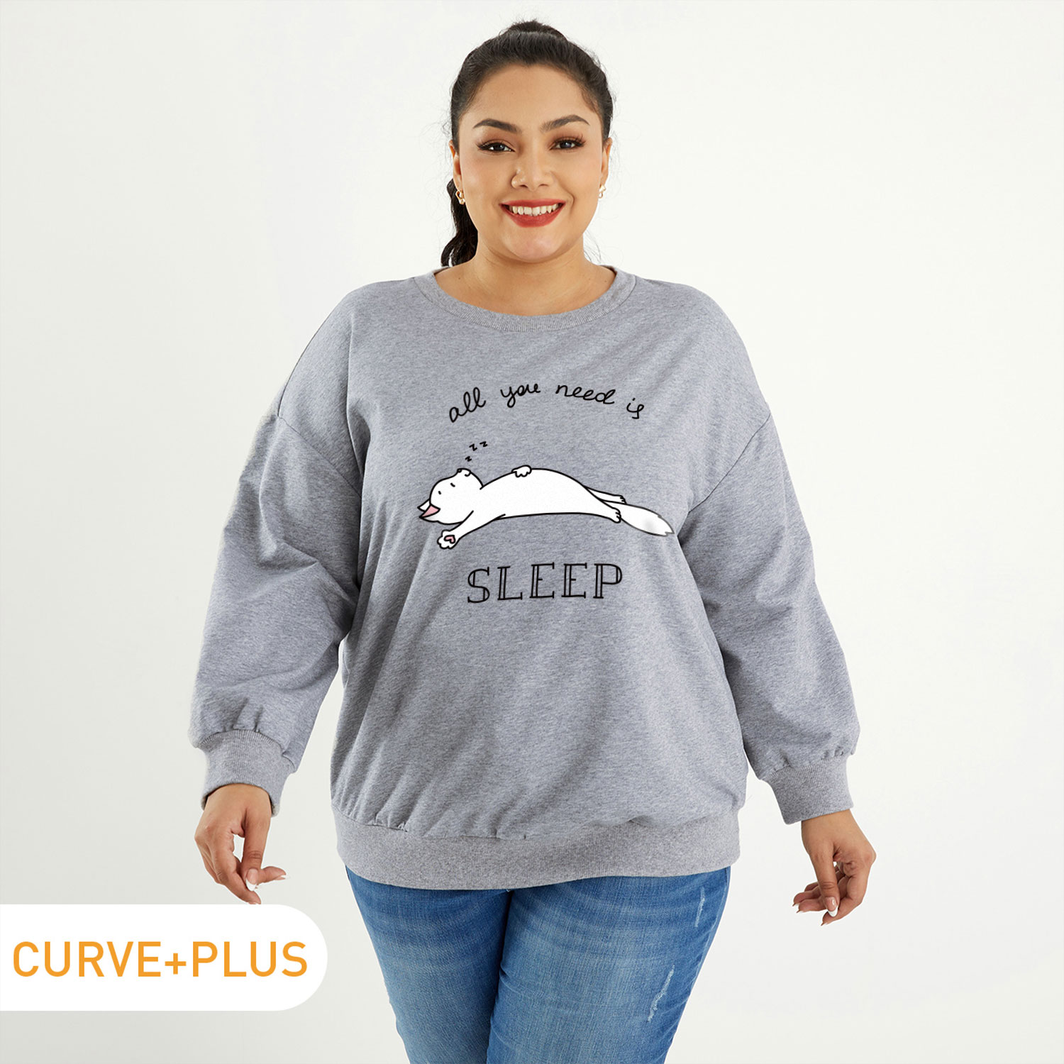 

Women Plus Size Graphic Cat and Letter Print Round-collar Long-sleeve Pullover
