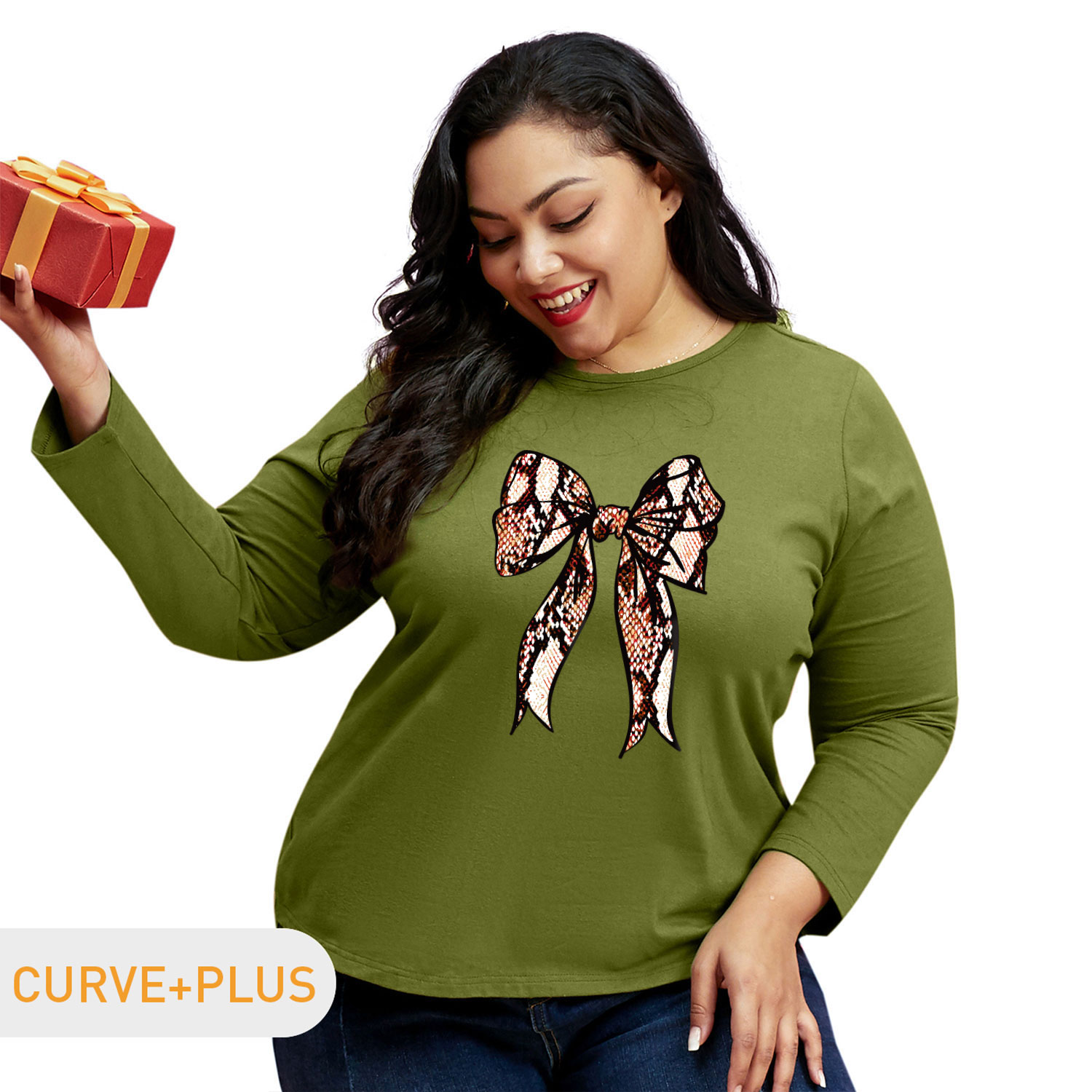 

Women Plus Size Graphic Bowknot Print Round Neck Long-sleeve Tee
