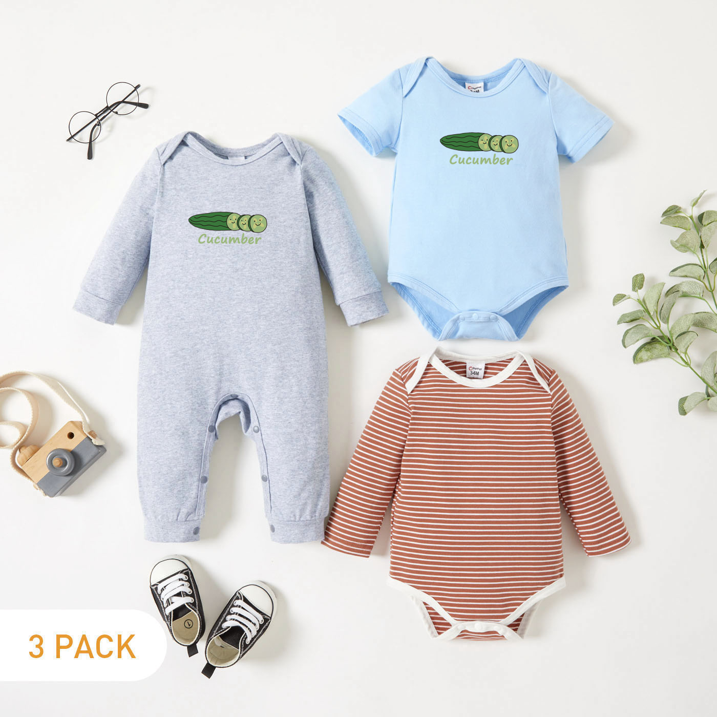 

3-Pack Baby Graphic Cucumber and Letter Print Striped Romper Jumpsuit Set