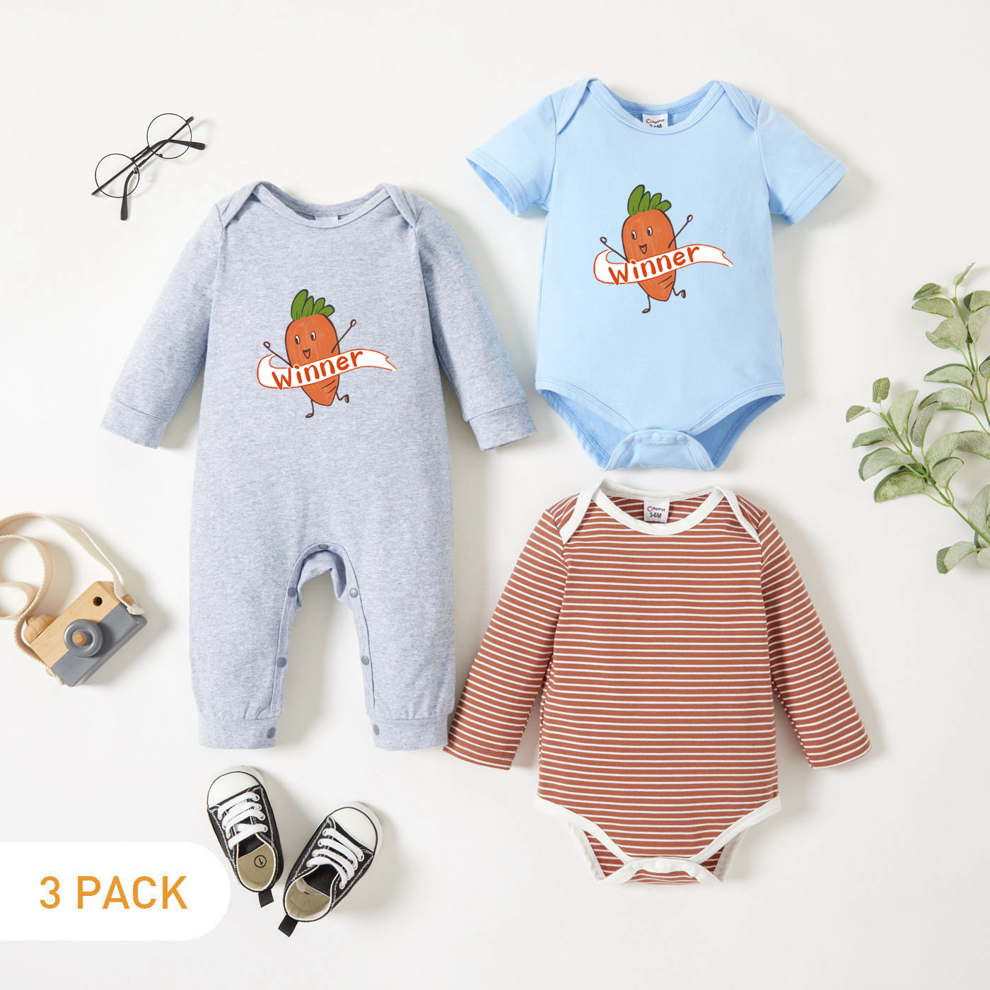 

3-Pack Baby Graphic & Striped Romper Jumpsuit Set