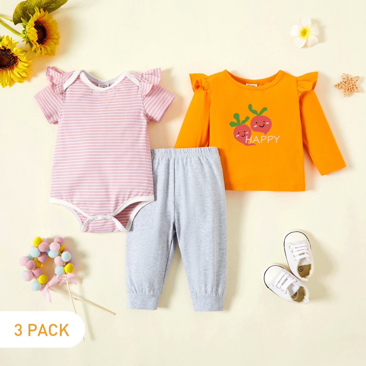 

3-Pack Baby Graphic & Striped Ruffled Romper Tee Pants Set