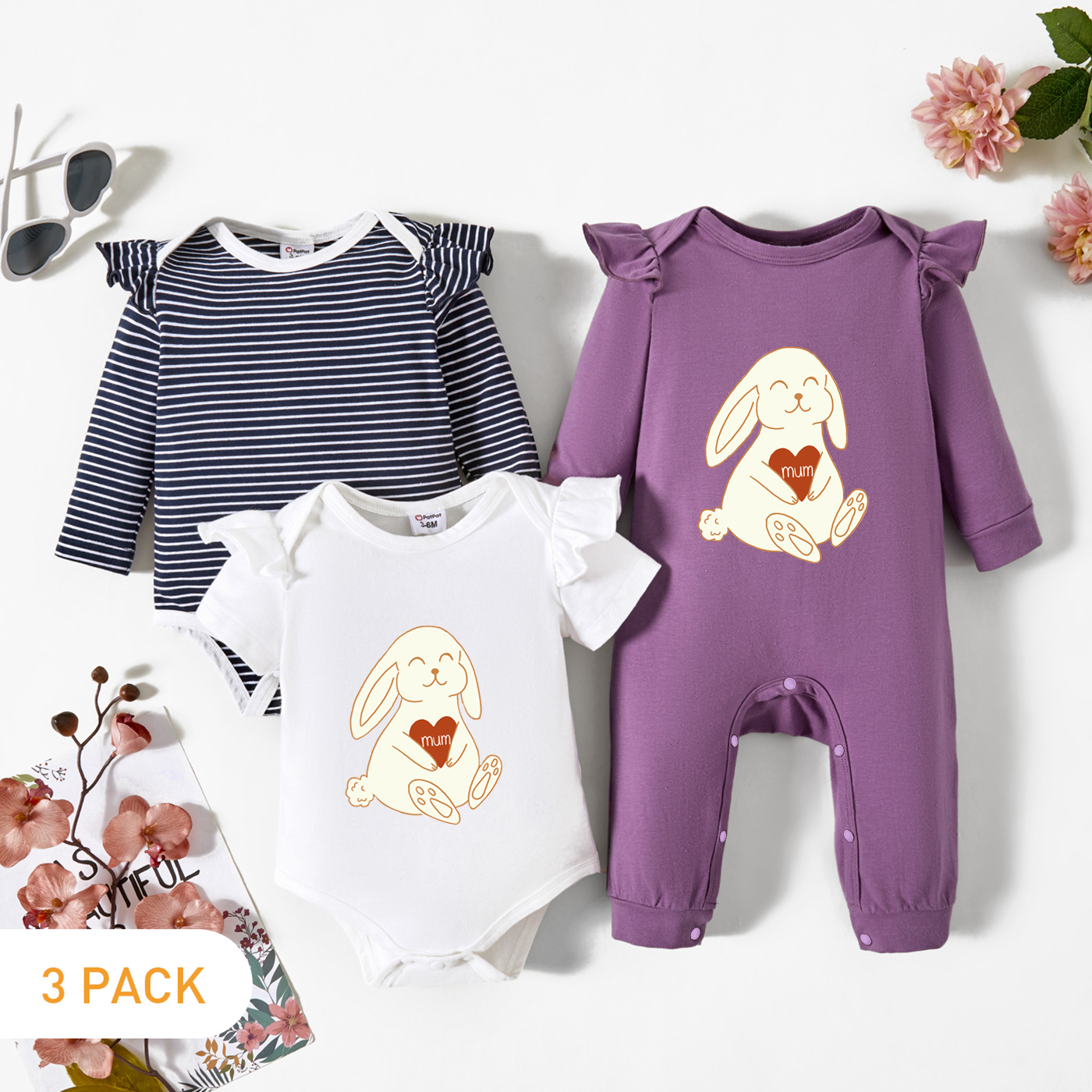 

3-Pack Baby Graphic & Striped Ruffled Romper Jumpsuit Set
