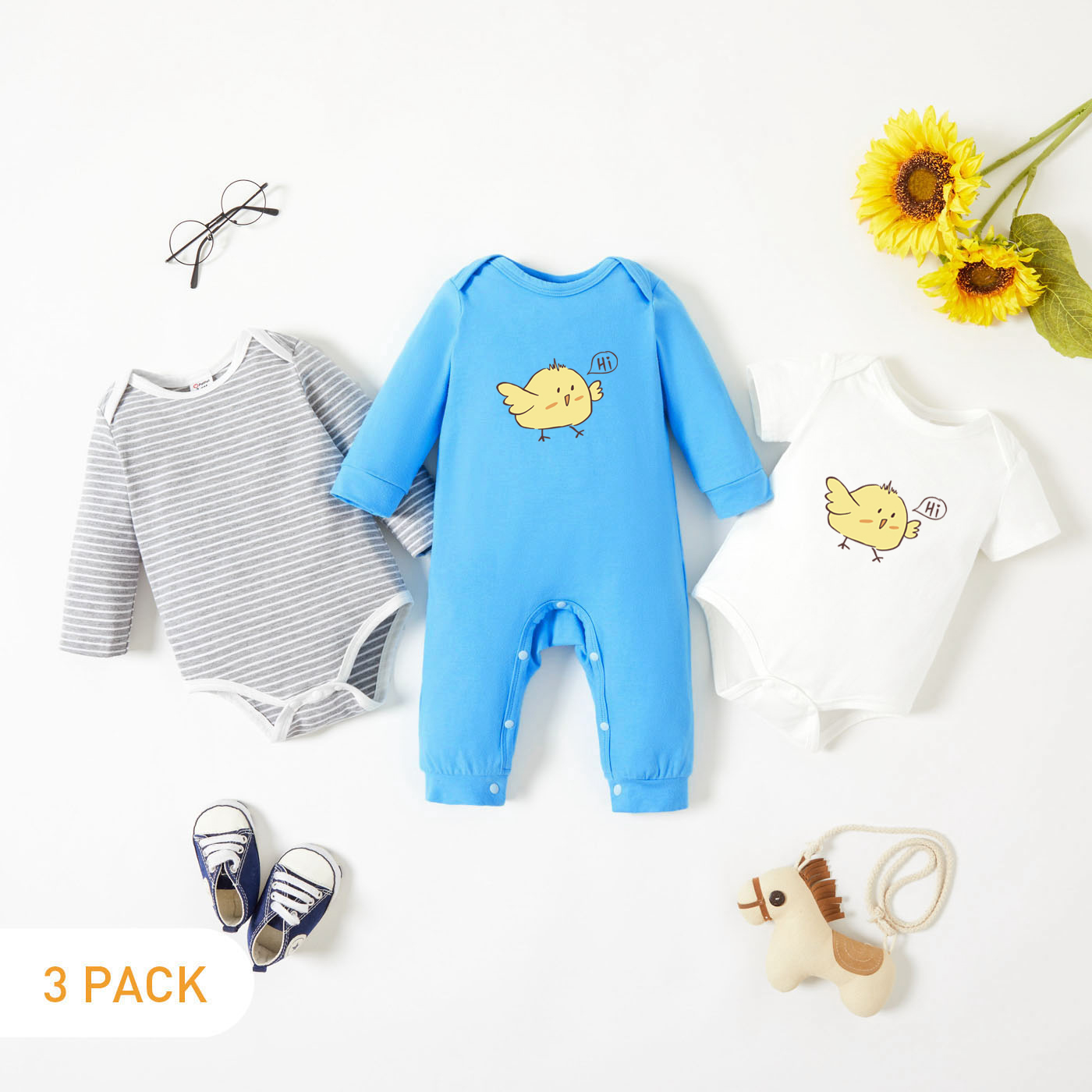 

3-Pack Baby Graphic & Striped Romper Jumpsuit Set