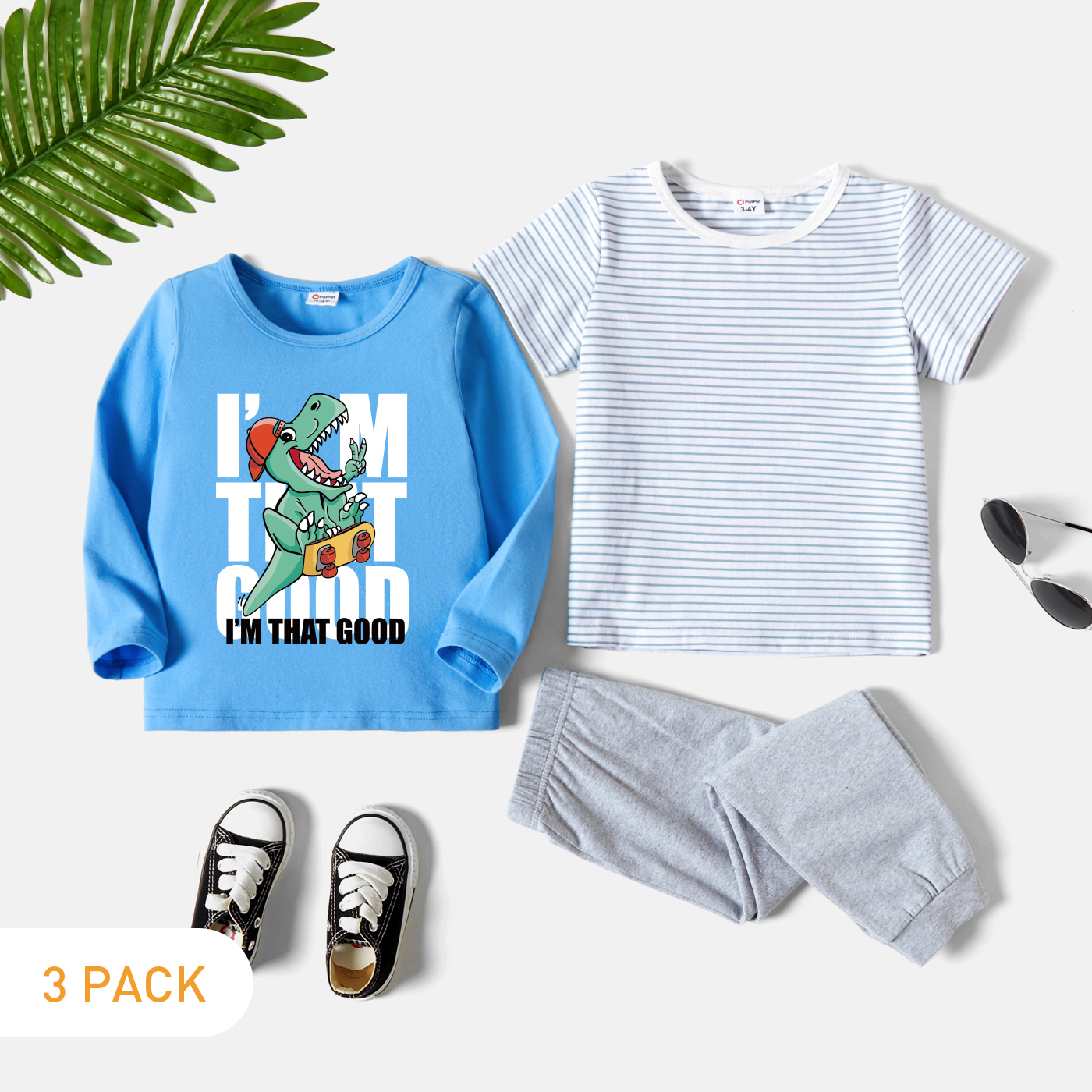 

3-Pack Toddler Boy Graphic Dinosaur and Letter Print Long-sleeve Tee & Striped Short-sleeve Tee & Pants Set