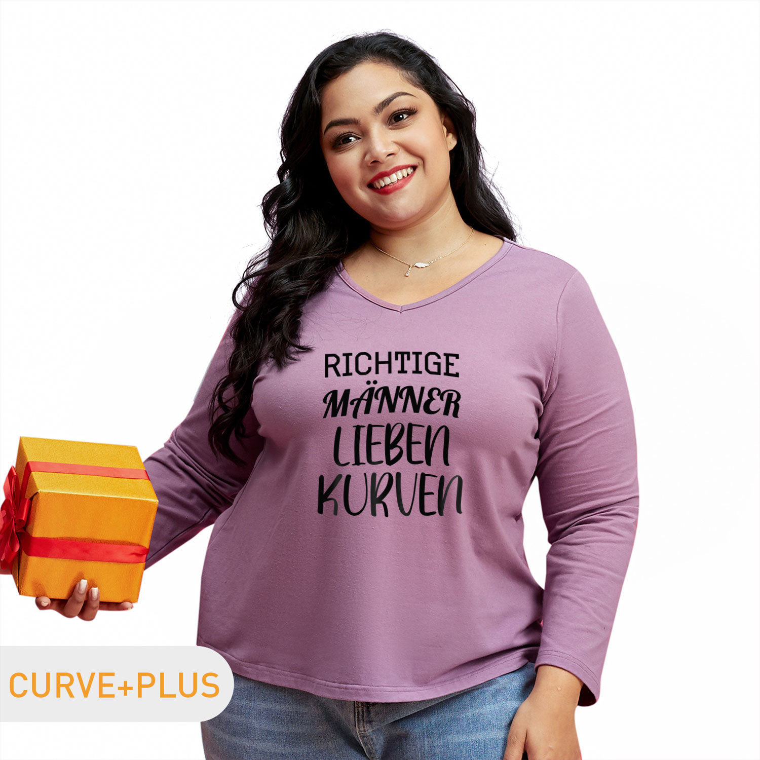 

Women Plus Size Graphic Letter Print V Neck Long-sleeve Tee