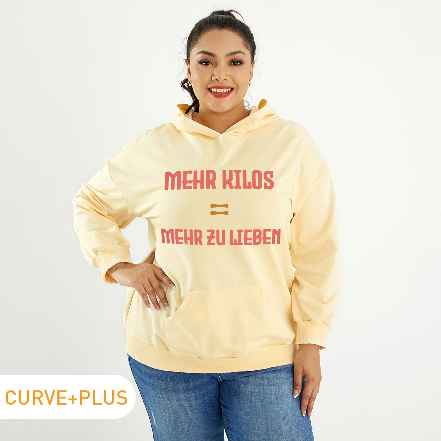 

Women Plus Siz Graphic Letter Print Long-sleeve Hooded Pullover