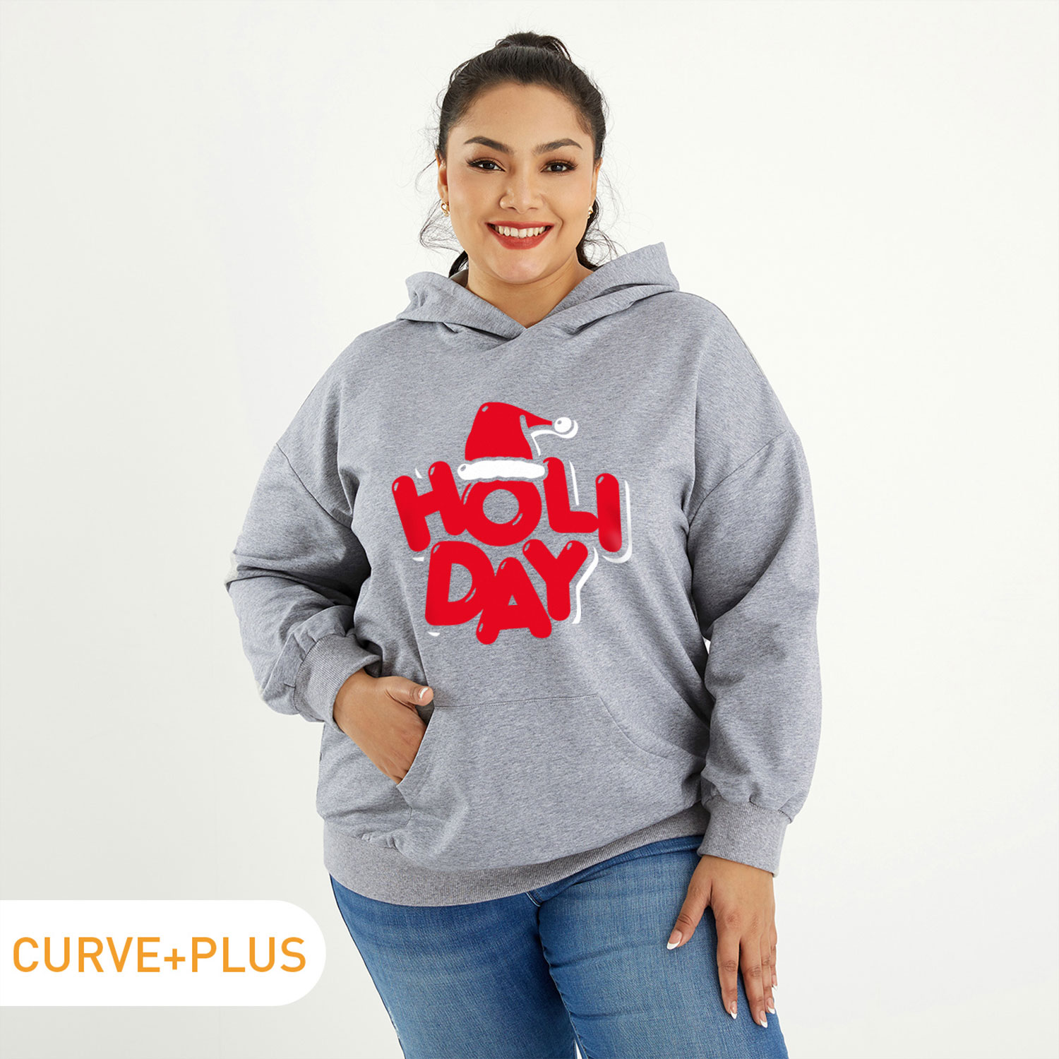 

Christmas Women Plus Size Graphic Christmas Hat and Letter Print Long-sleeve Hooded Pullover