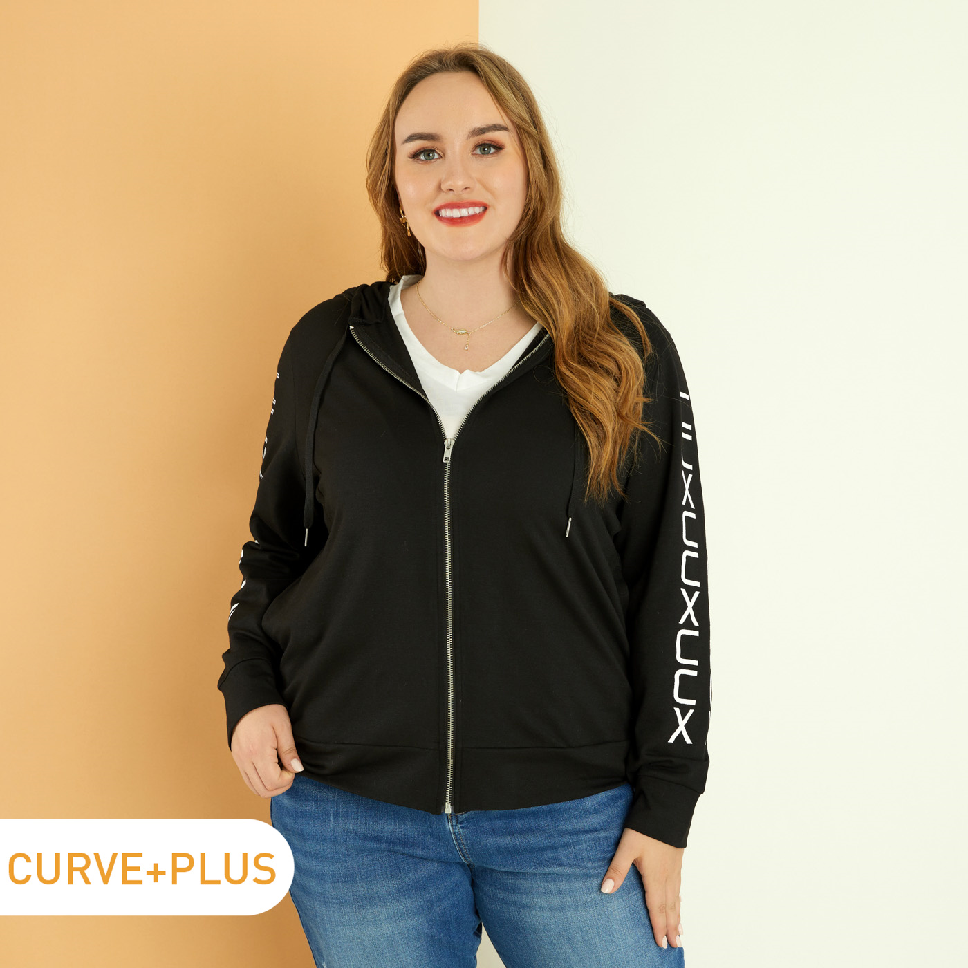 

Women Plus Size Casual Letter Print Zipper Hooded Sweatshirt Jacket