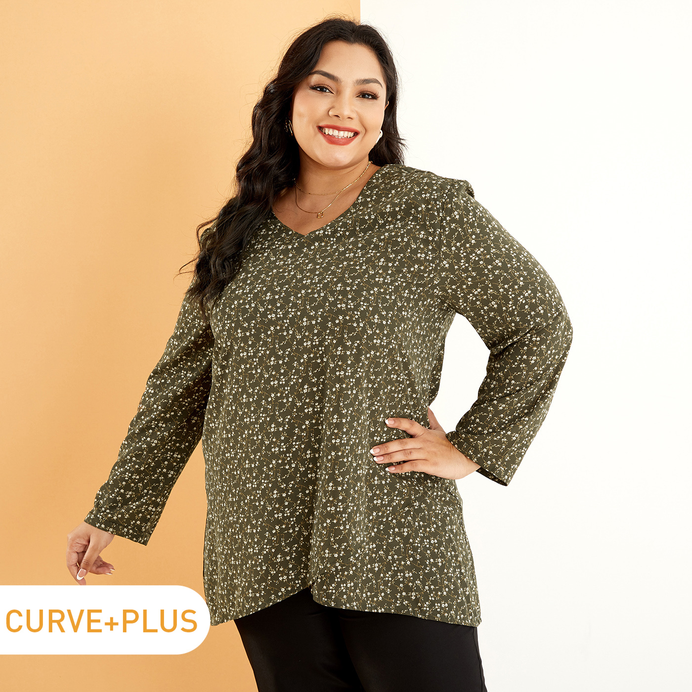 

Women Plus Size Elegant Floral Print V Neck Wrap Hem Long-sleeve Blouse
