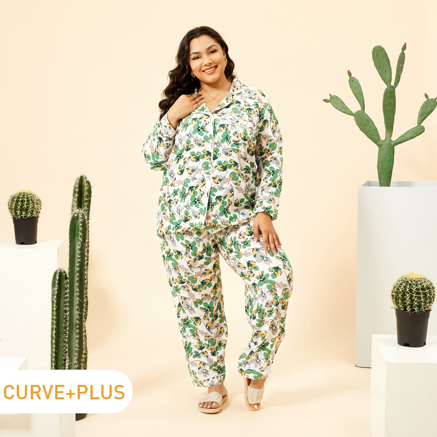 

2-piece Women Plus Size Casual Butterfly Print Button Design Long-sleeve Top and Pants Lounge Set
