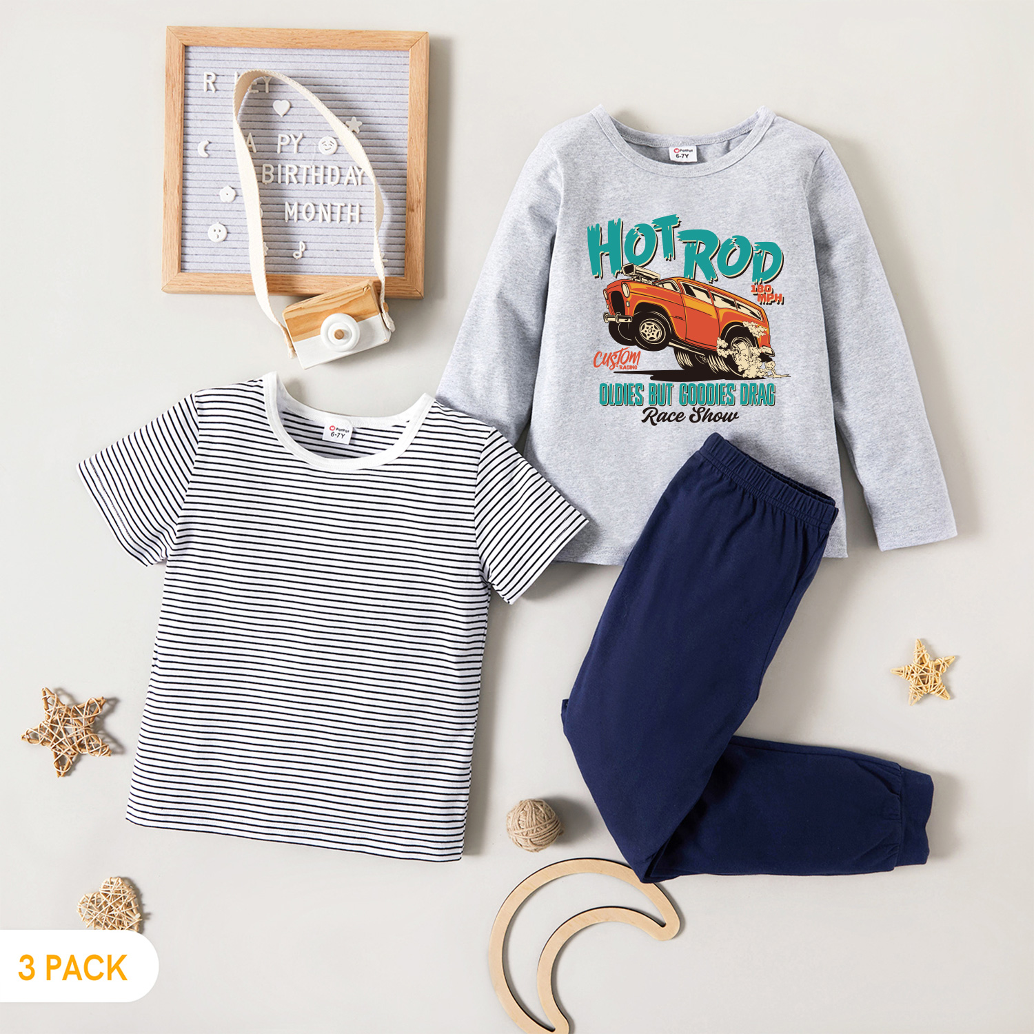 

3-Pack Kid Graphics Letter and Car Print Long-sleeve Tee & Striped Short-sleeve Tee & Pants Set