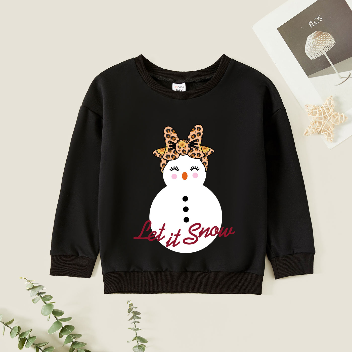 

Kid Girl Graphic Snowman and Leopard and Letter Print Long-sleeve Pullover