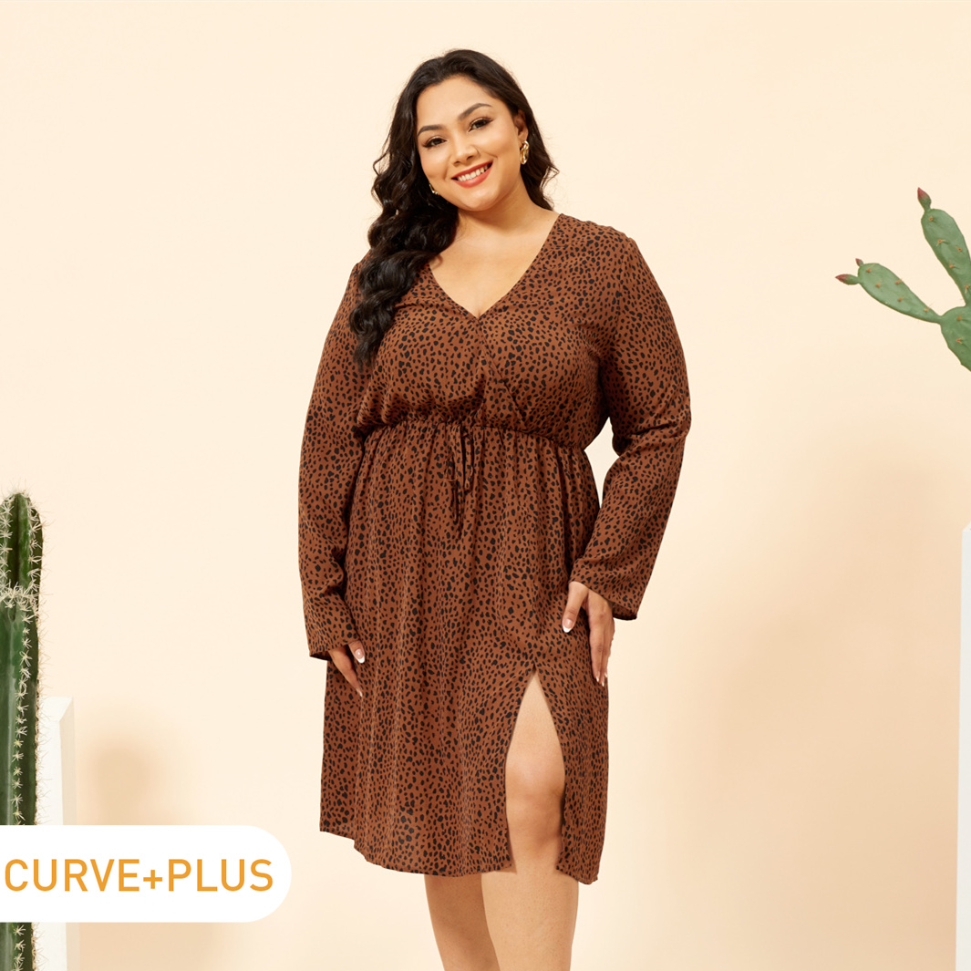 

Women Plus Size Vacation Leopard Print V Neck Long-sleeve Dress