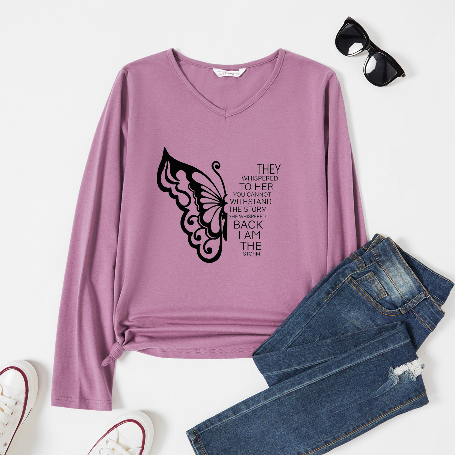 

Graphic Lavender Purple Long-sleeve V Neck Tee for Women