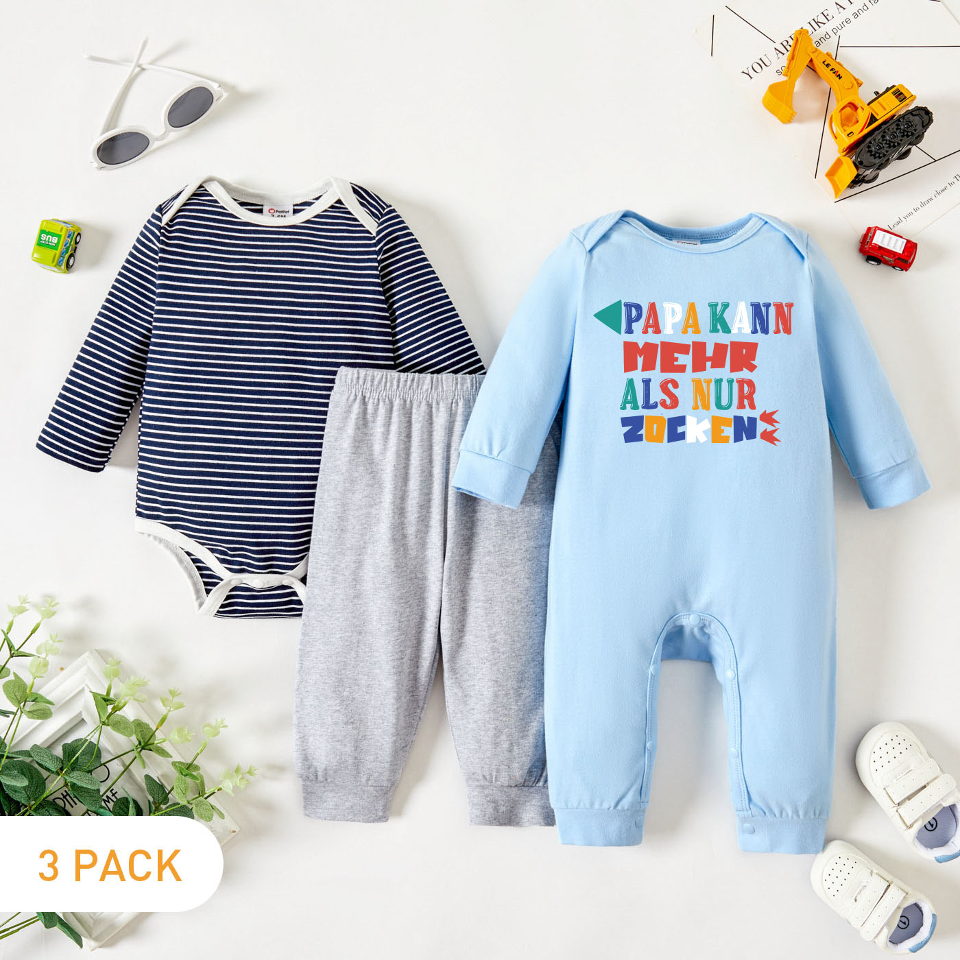 

3-Pack Baby Graphic & Striped Romper Jumpsuit Pants Set