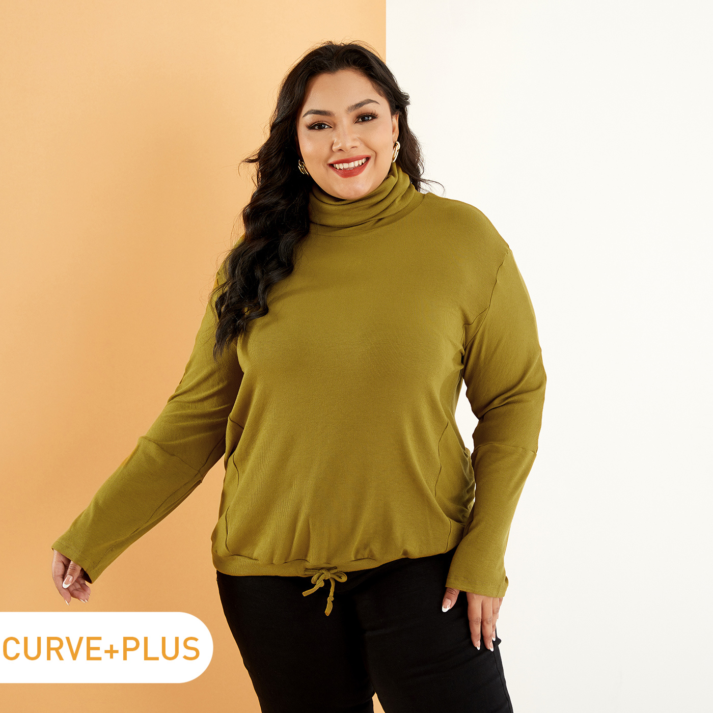 

Women Plus Size Casual Turtleneck Drawstring Hem Pullover Sweatshirt
