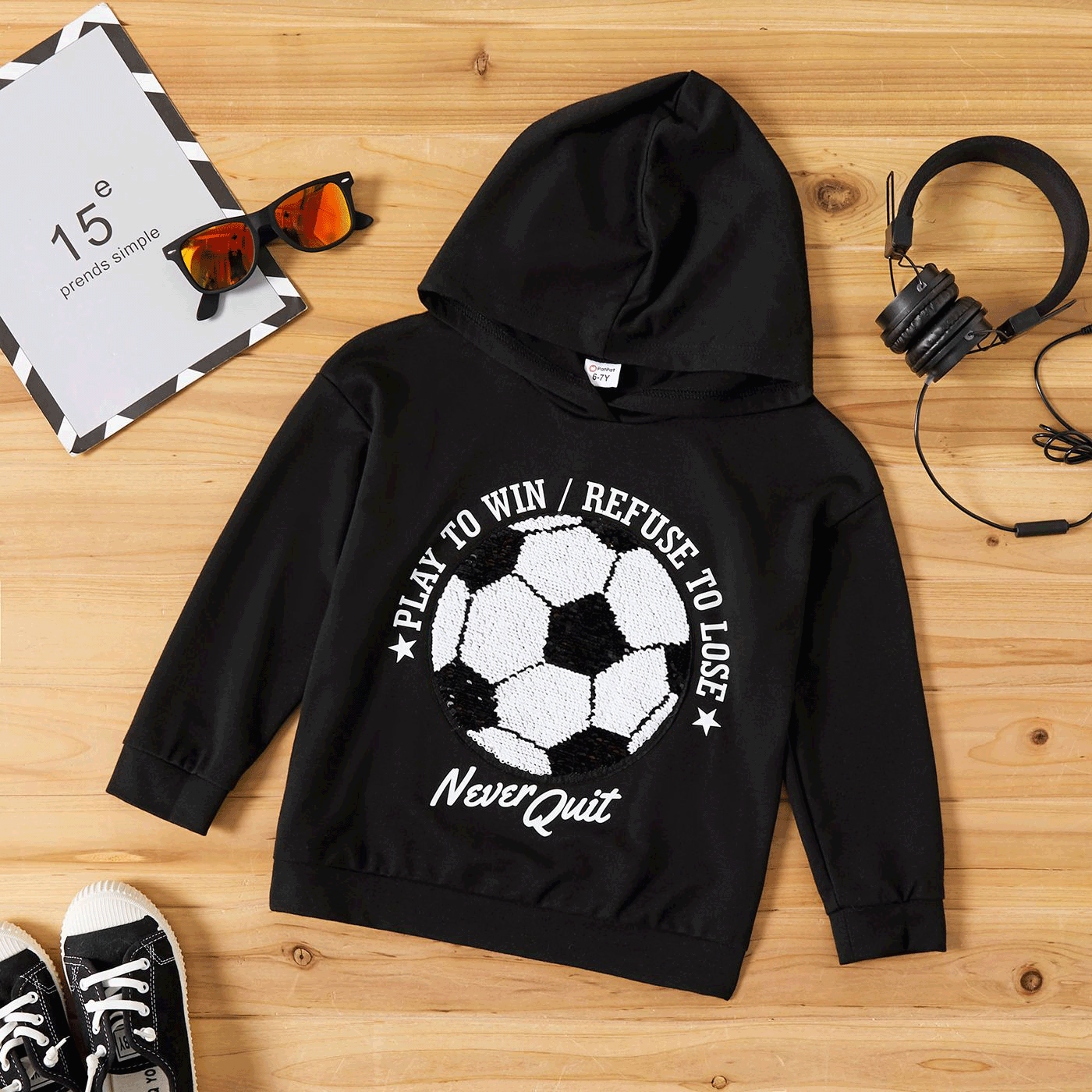 

Kid Boy Flip Sequin Letter Football Pattern Black Hoodie Sweatshirt