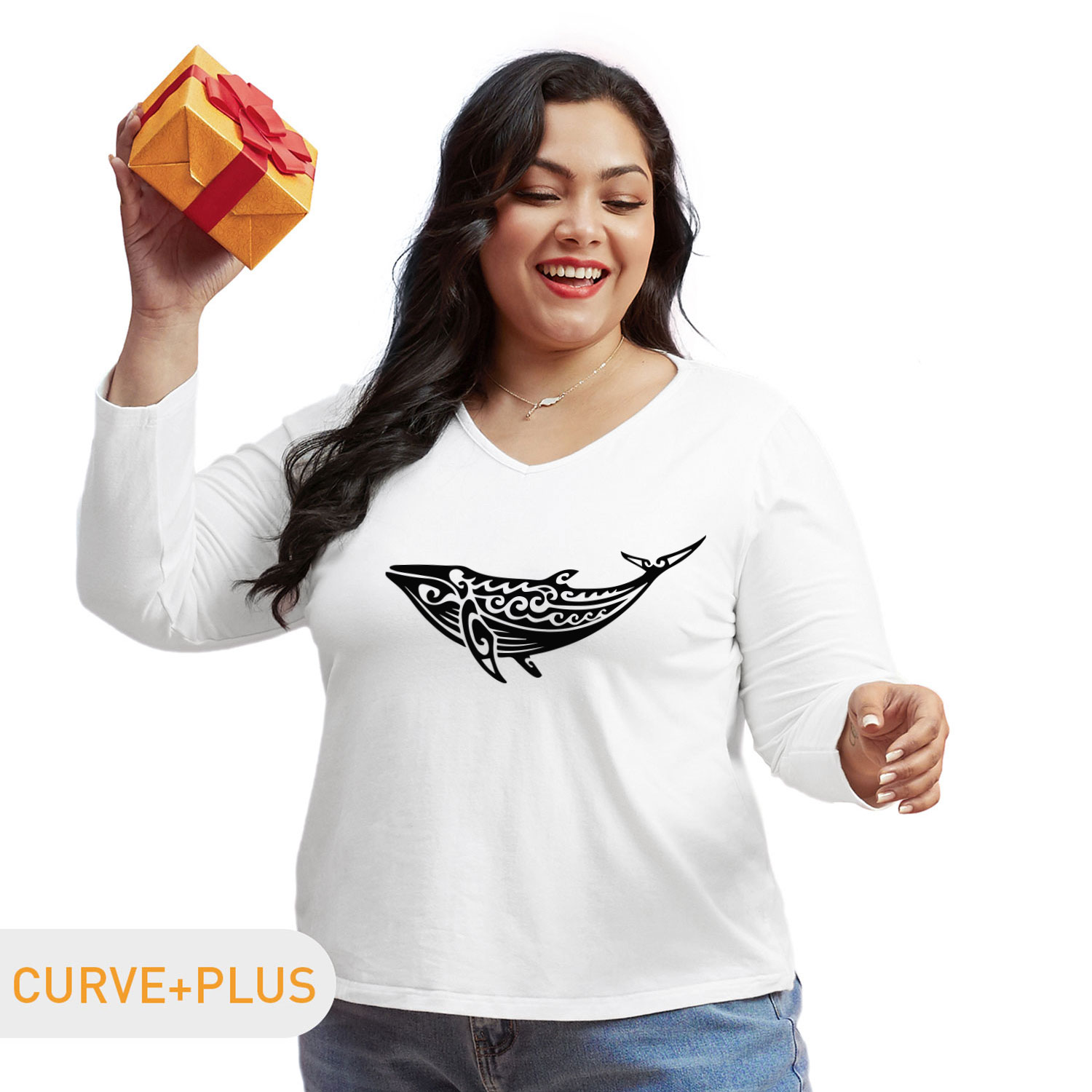 

Women Plus Size Graphic Whale Print V Neck Long-sleeve Tee