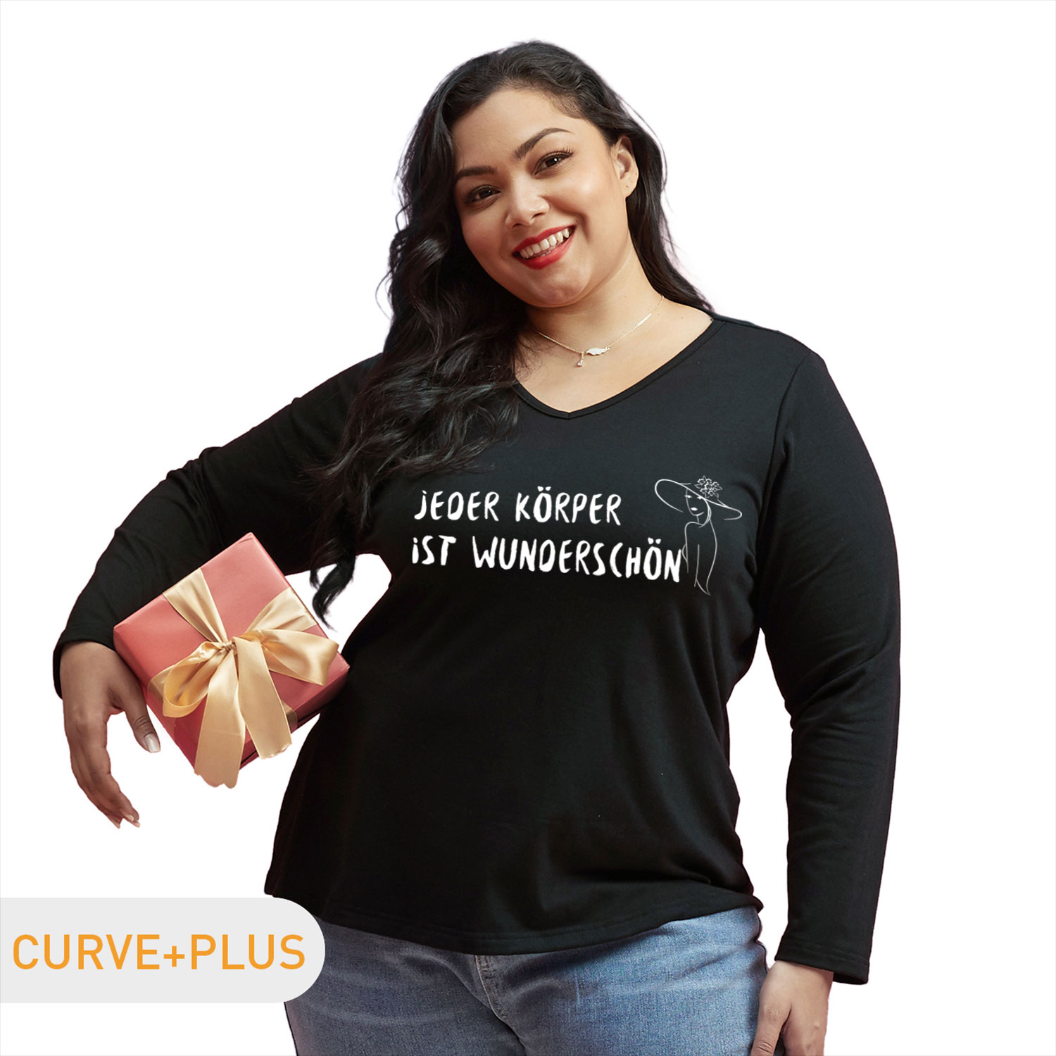 

Women Plus Size Graphic Lady and Letter print V Neck Long-sleeve Tee