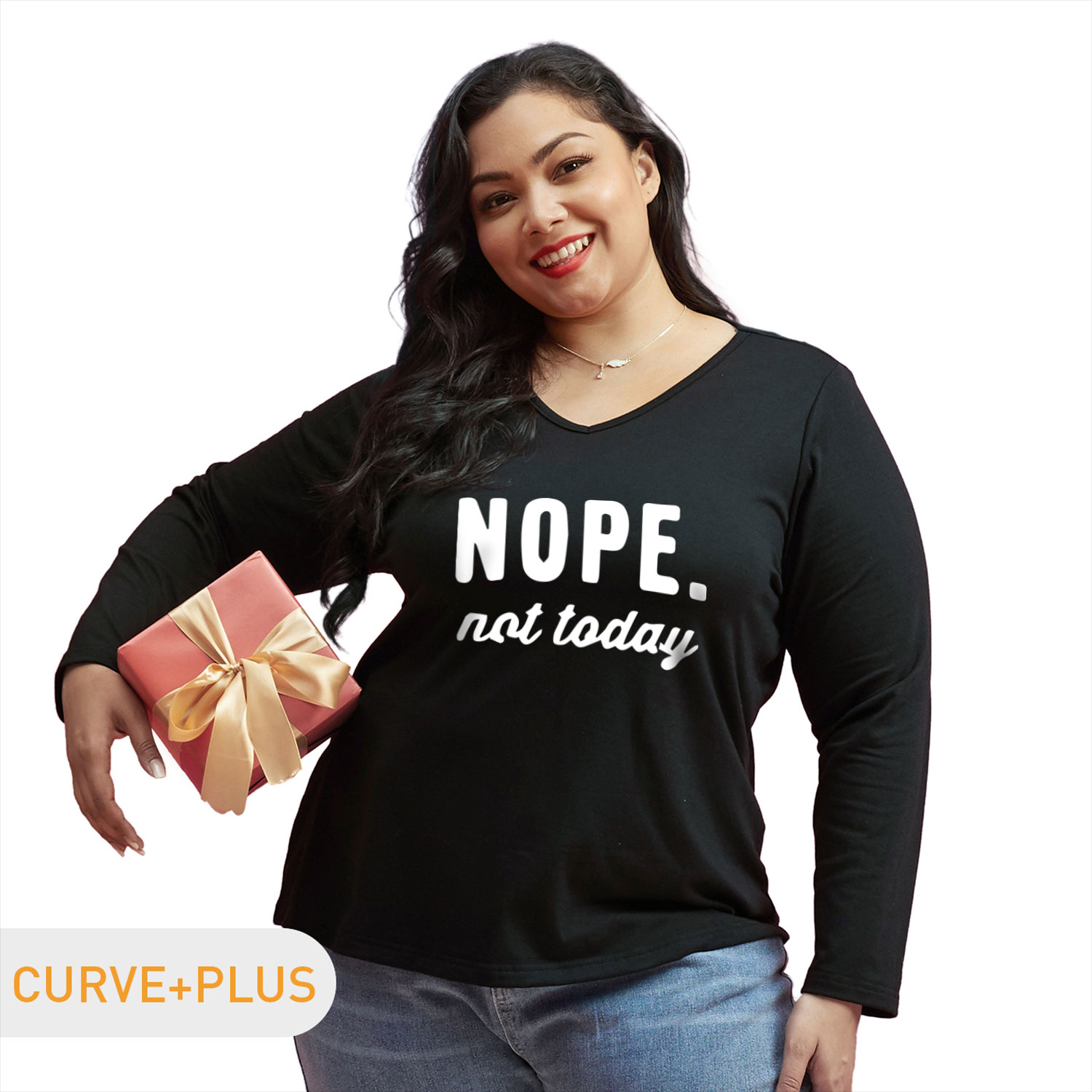 

Women Plus Size Graphic Letter Print V Neck Long-sleeve Tee