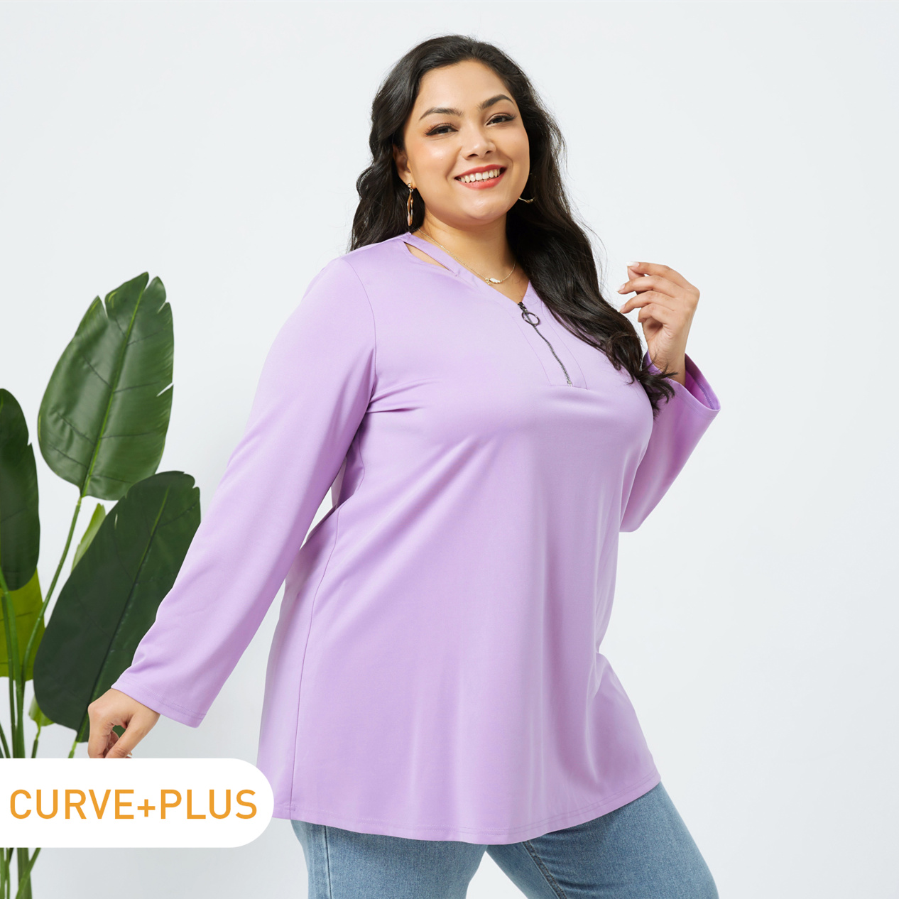 

Women Plus Size Elegant Cut Out Zipper Front Light Purple Blouse